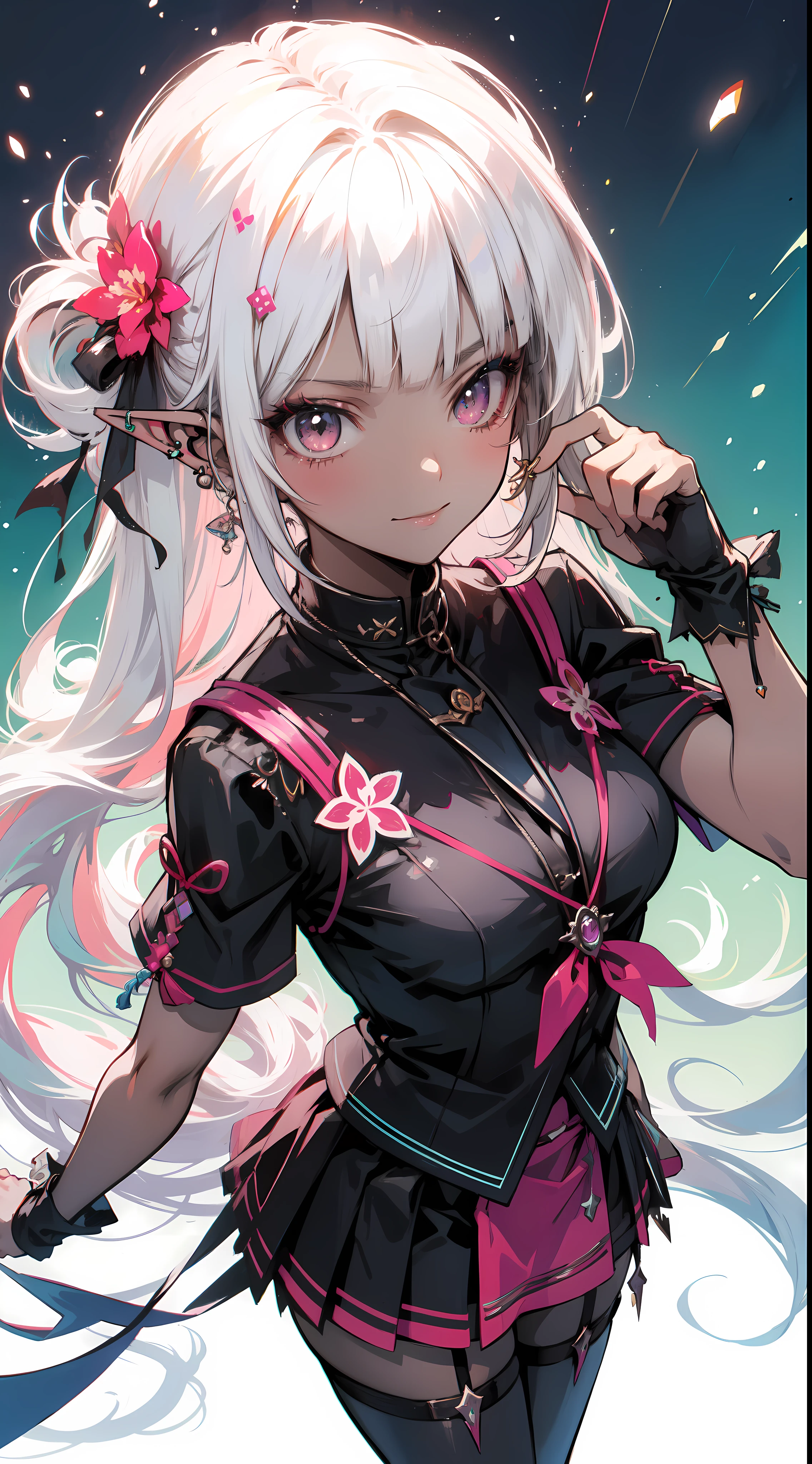 (masterpiece, top quality, best quality, official art, beautiful and aesthetic:1.2), ((dark elf)), ((1girl)), (dark skin:1.2), extreme detailed,(fractal art:1.3), colorful, highest detailed, ((from above)), Cowboy shot, art by Artgerm, by wadim kashin, by Kawacy, by Yoshitaka Amano, BREAK, (dark elf:1.2), (1girl), solo, perfect face, details eye, Blunt bangs, white hair, (hair between eye), eyelashes, eyeshadow, pink eyeshadow, glaring, smile, Head tilt, BREAK, corsages, jirai kei, (jirai kei fashion:1.1), Frills, Skirts, Various accessories, (ear piercing), punky style, Japanese subculture, fashion, Stockings, colorful, (Dark circles:1.2),
