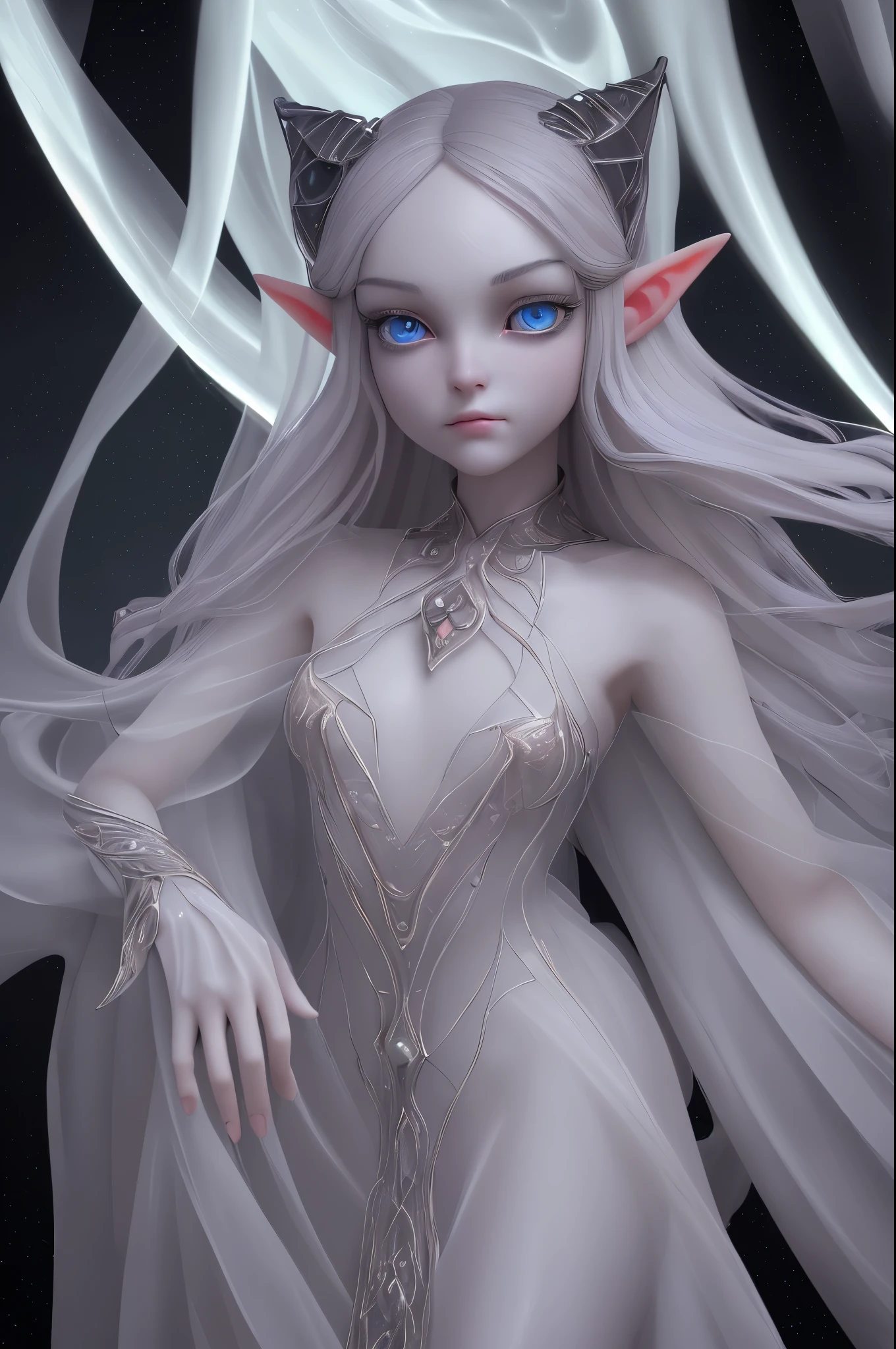 Space, Distant stars, Fantastic image. s face. Figure. Graceful shapes. Graceful girl. (hiquality), (stylization - animation, Realism). Dark cool colors mix with warm colorful shades. elf girl, Photorealistic, Cinematic picture, high Detail, complete dark hole, 8K. Dynamic, expressive image (1 girl; 1.3), 独奏, (((Very Detailed eyes and face))), Beautiful Detailed eyes. Masterpiece, Best Quality, full-length portrait, Amazing beauty, dynamicpose, нежное s face, and bright eyes. (front) She wears transparent, semi transparent dress, emphasizing a slim figure. She&#39;s an elf, descended into the underworld. She&#39;s a savior, light in the dark kingdom, radiating a soft glow. High Detail, Other worlds, firelight, Detail, hiquality, low lighting, dark environments - the spooky cinematic setting is great. Girl with soft skin, realistic Detailed skin, Clear Focus, volumetric mist near the floor, 8K, UHD, dslr, hiquality, Film grain. photoRealism, Lomography, fantastic dark art, Utopian reality.