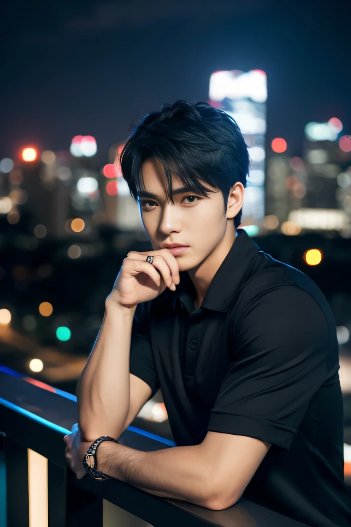 Best quality, masterpiece, ultra high res, (photorealistic:1.4), detailed face, detailed eyes, raw photo, young handsome male, black hair, (full body), view from top, (night city background:1.2)