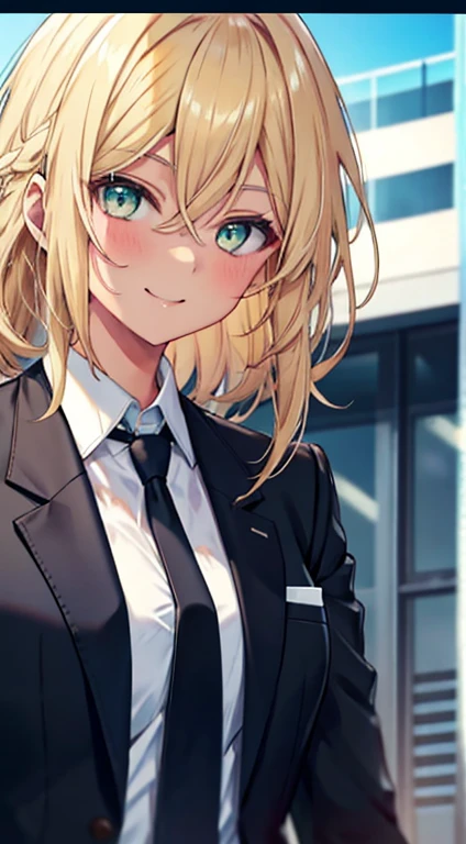 1girl, tanned skin, disheveled hair, blonde hair, green eyes, black suit, black jacket, white shirt, blue tie, formal suit, formal suit, America, sexy, attractive, perfect face, masterpiece, medium breasts, curvy body , smiling arrogantly