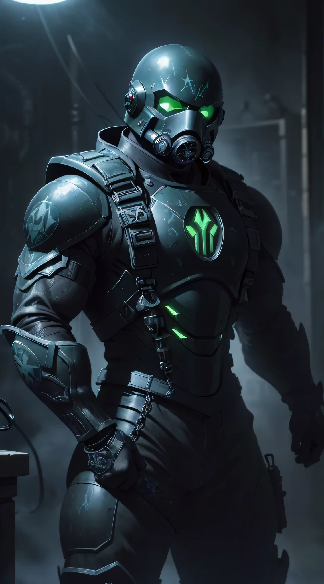 top-quality、Top image quality、​masterpiece、One character((Combat Armor、black full face mask,Black spacesuit、gas masks、right hand chain、crowbar in left hand、well-muscled、Green glowing body line、bulletproof vest、fighting poses)),hiquality、Beautiful Art、Background with((Inside the spacecraft、dark ilumination、Dark smoke、broken cable))、masutepiece、Elaborate design、visualart、Perfect Art、Horror movie style、large amounts of isomers