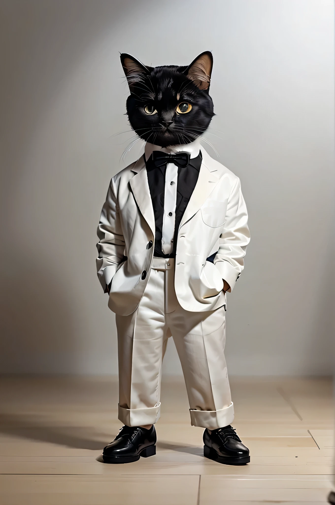 a cute little cat，Wearing a high-end black suit，Paired with a high-definition white shirt，Wearing black leather shoes on his feet，Stand in front of a black background，Strike a confident pose。Cute digital illustration art，tmasterpiece，Best quality at best， Abstract