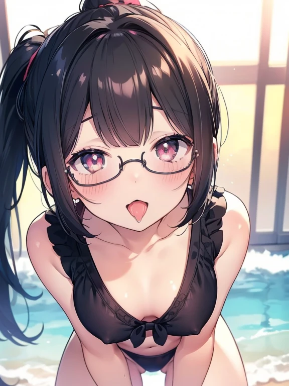 ultra-detailliert, Best Quality, hight resolution, moe-anime, ((A petite, black-haired girl with a large face and cute sagging eyes wears round glasses.)), Pretty eyes, Detailed eye depiction, Eye sparkle, Looking at Viewer, pale skin, (((Petite))), (blush:1.2), (big eye:1.4), a smile, Focus on the face, in beach, Ponytail hairstyle, On all fours, (((from above))), open_mouth, (((bustshot))), ((Transparent pure white micro bikini)), nsfw, saliva, close up face:1.2