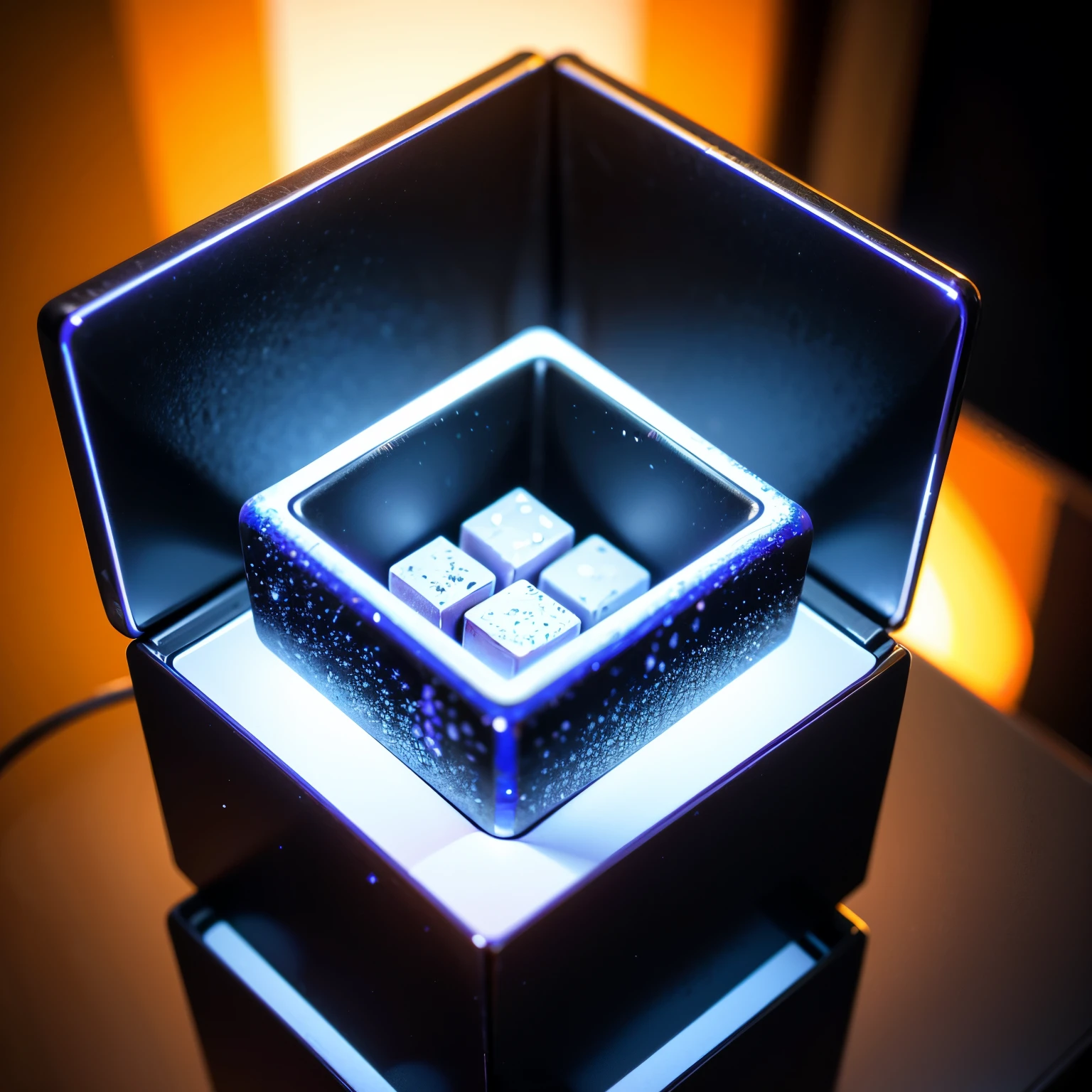 ((Best quality at best)), ((tmasterpiece)), (detailed),(glossy,metallic,shiny,reflective:1.2),titanium cubes,small grooves on the surface,subtle orange glow emanating from the grooves,high-tech background,levitating on a laboratory table,one metallic cube being activated and undergoing transformation,next to it, a completed and transformed cube，The cubic titanium metal square has a surface full of regular patterns、Each cube size is 10cm*10cm,Multiple small titanium squares can be assembled into a regular shape、high-tech feel、A faint orange light shines through the texture、Metal real texture、In futuristic laboratory background、Hologram projection background、Suspended in the air、Magazine style，Advancedsense、Tough wind、8K、super detailing、3Drenderingof、Minimalist、handicraft、Product photography、natural soft light、Top-down composition