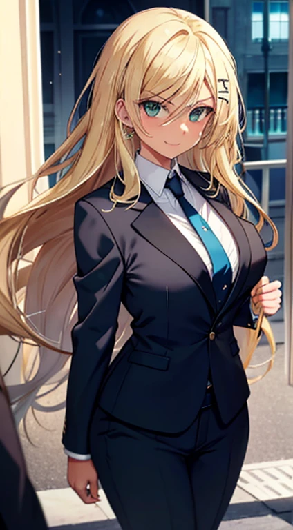 1girl, tanned skin, disheveled hair, blonde hair, green eyes, black suit, black jacket, white shirt, blue tie, formal suit, formal suit, America, sexy, attractive, perfect face, masterpiece, medium breasts, curvy body , smiling arrogantly, serious