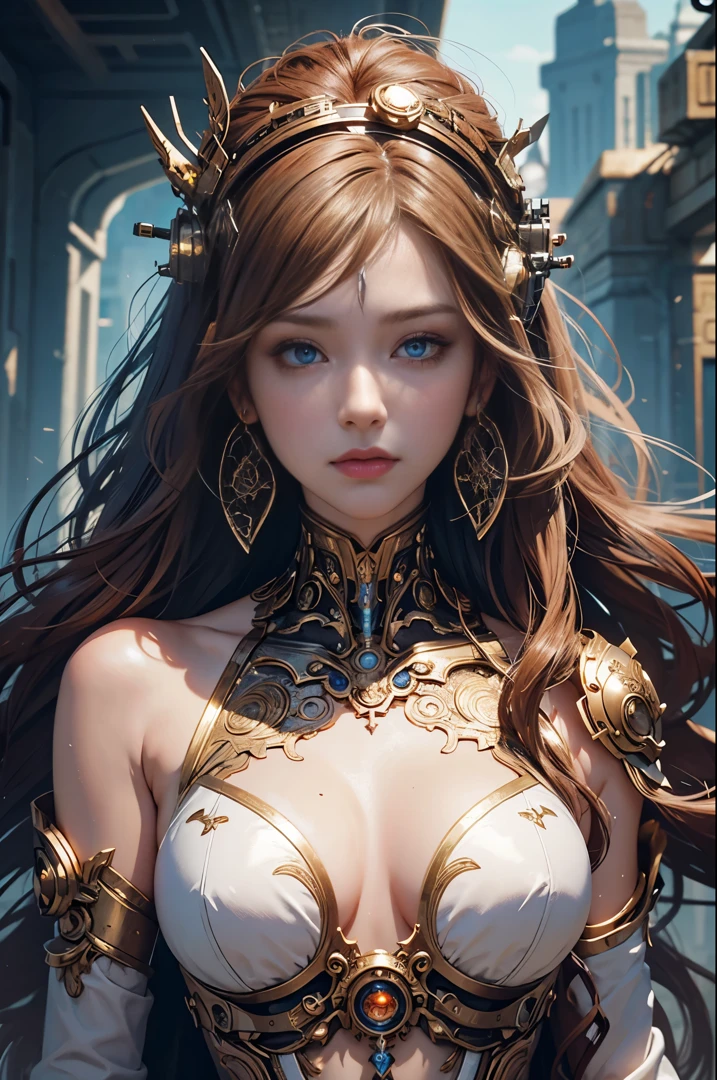 intricate ornate anime cgi style, super detailed fantasy characters, 4K highly detailed digital art, karol bak uhd, cyborg goddess in cosmos, beautiful digital works of art, 2. 5 d cgi anime fantasy artwork, Goddess. extremely high detail, portrait of cyborg queen, extremely detailed goddess shot, Half body machine, Inorganic, Next generation high performance cyborg, Goddess of Machines, The perfect cyborg, ultimate replicant, A masterpiece created by ultra-high performance AI, Final weapon, Best Quality, Perfect Angle, perfect-composition, sharp outline, Best Shots, perfect shapes, perfect model style, Very beautiful and detailed eyes, Hollow eyes, blue eyes without pupils