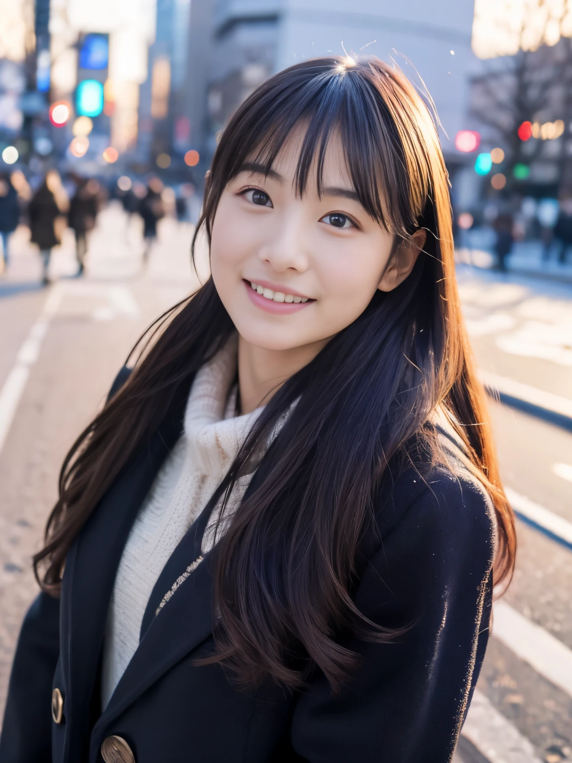 Photorealsitic, 8k full-length portraits, Beautuful Women, A charming expression, Clear department, sixteen years old, TOKYOcty, Winters, Shibuya in the background