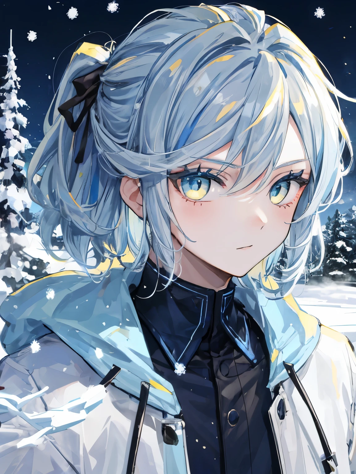 Best Quality、masutepiece、Ultra-detailed、face perfect、Extremely detailed、Extremely delicate、1 boy, (cute little), Angel, lightblue hair、half up、place々Blue Mesh、blue and yellow gradient eyes、Noble attire、Black coat、gray collared shirt、Black pants、snow mountains、snow blowing