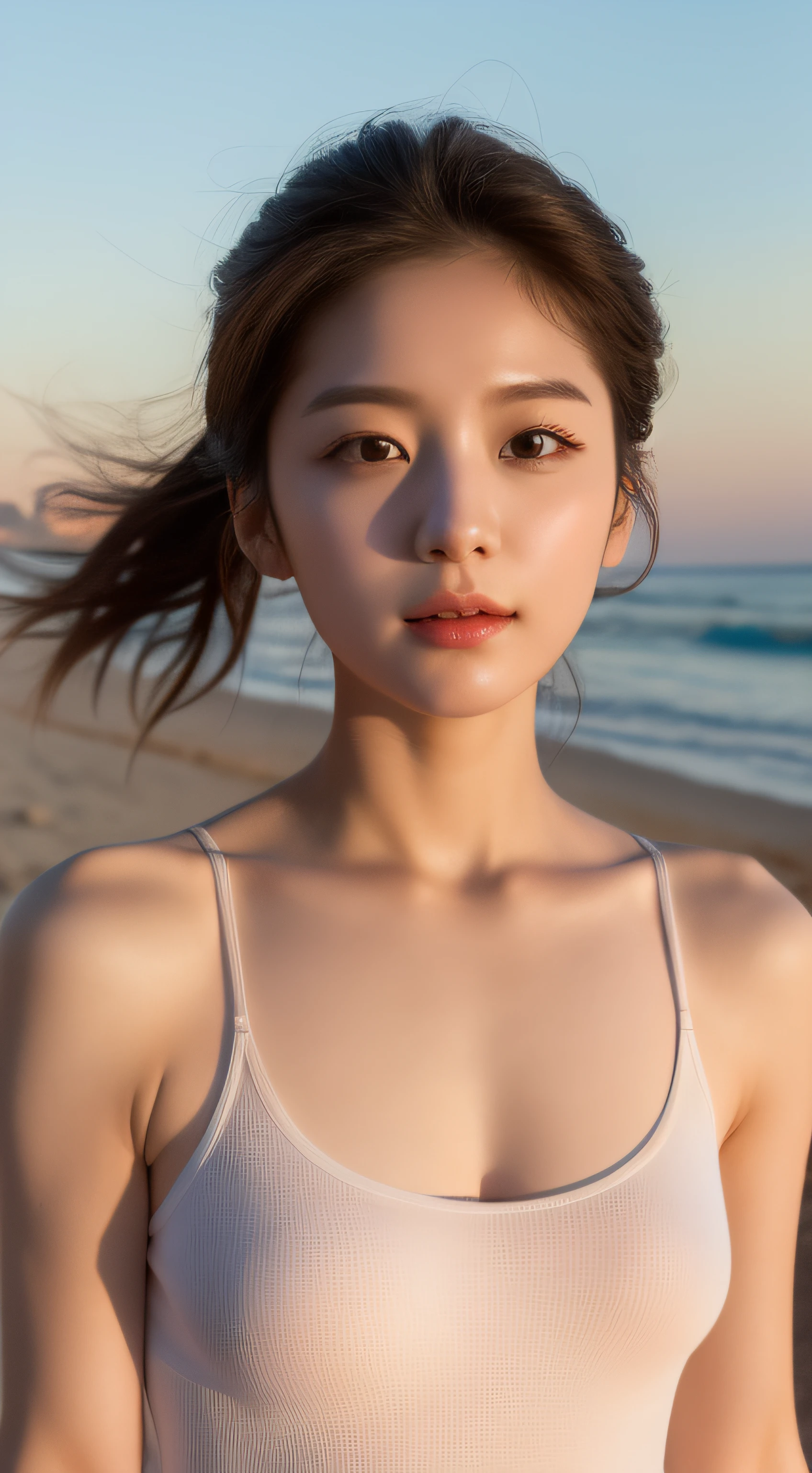 1 Realistic Pictures of Cute Korean Stars, Short ponytail, White skin, Thin makeup, 32 inch breast size, Wearing a camisole tank top, walking on beach, Sunset light, Upper body portrait, nffsw