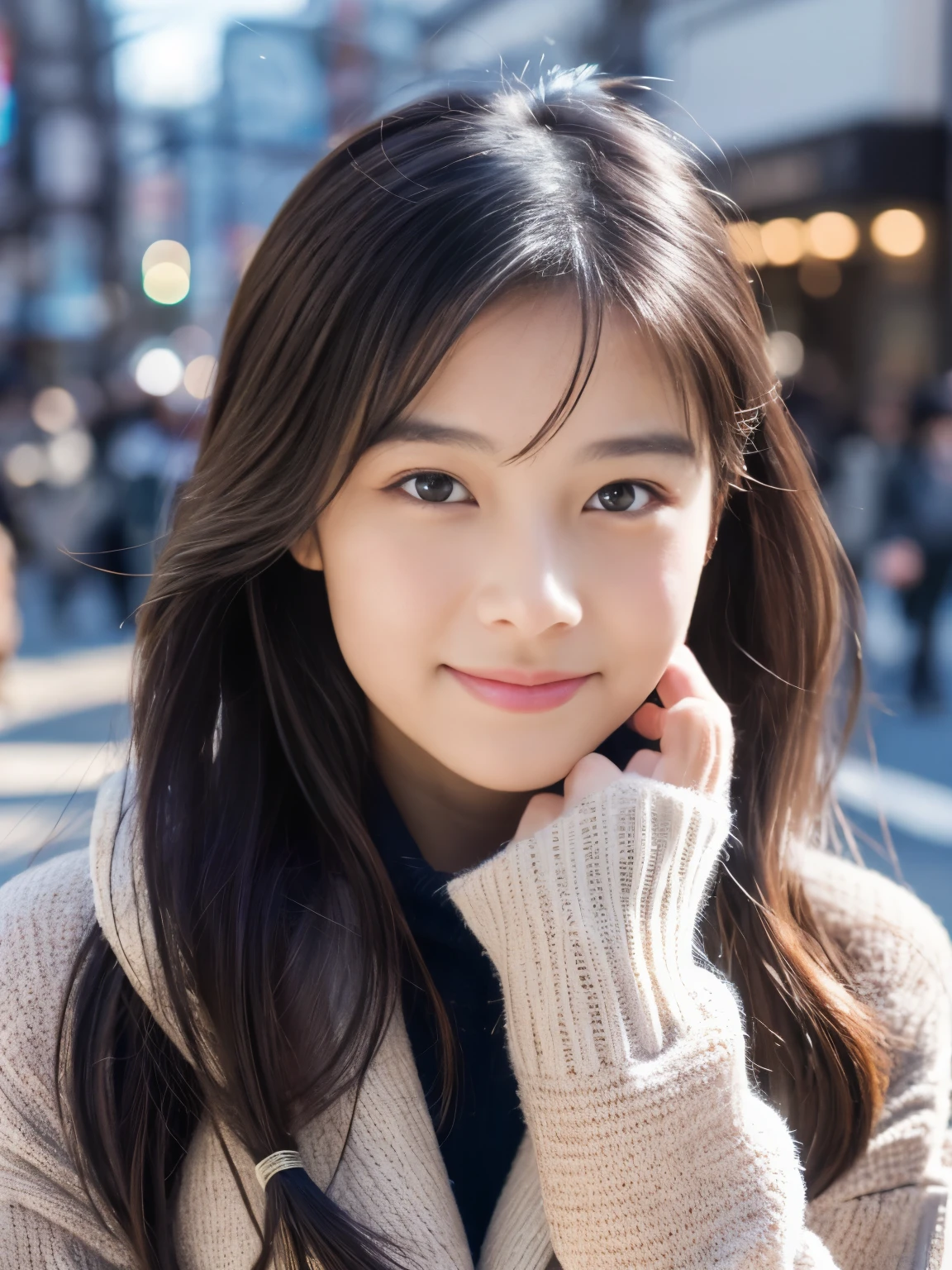 Photorealsitic, 8k full-length portraits, Beautuful Women, A charming expression, Clear department, , TOKYOcty, Winters, Shibuya in the background