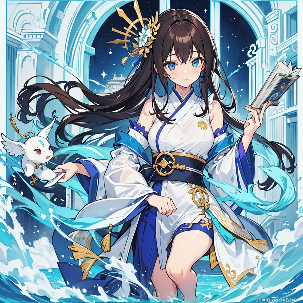 hightquality, hight resolution, animesque, holy white, The angle is from the top, full bodyesbian, Excited, beautiful female monk, The dim, A thin notebook with an erotic girl on the cover, Read doujinshi with excitement, Beautiful fece, excited expressions, Free hair, Brown hair, monk's costume, radiant eyes, excited mouth, blue, Glossy, Discreet exposure, voluptuous, 年轻, glamorous, enticing, holy accessories, Erotic doujinshi, bare-legged, sacred embroidery, soha, inner room of the holy temple, divine atmosphere, Shining performance, temple walls and columns, nature does not exist, 室内なので関係soha, daytime, Harmony of excitement and sacredness