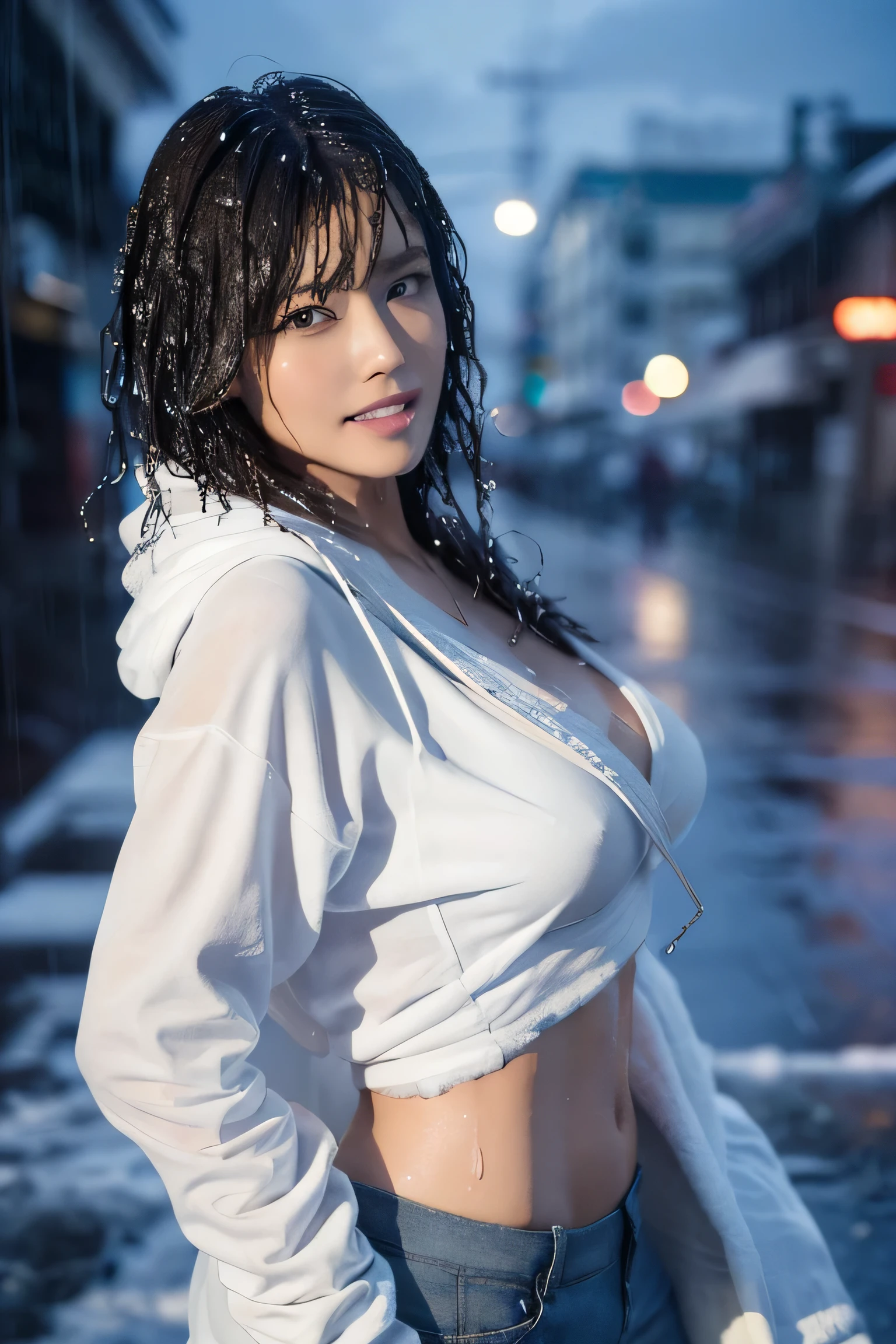 (masutepiece:1.2), ultra-detailliert, 超A high resolution, (Realistic, photo Realistic:1.37), high-definition RAW color photography, professional photograpy, extra detailed face, extremely detailed eye, highlydetailed skin, extremely detailed fingers, highly detailed nose, highly detail mouth, Perfect Anatomy, Highly detailed backgrounmous actress of Japan:1.2), (gals:1.3), (flat chest), Brown race, Dark skin, Very short cut hair, shadowy, hair messy, Full body, padded jacket, White hoodie, during night, dark street view, snow in my hair, (Snow in the sky:1.6), Background in the city, Hoodie on the head, Cinematic lighting, Denim pants, (mid-riff peak:1.3), Laugh, (Wet cloth:1.7), Looking back,