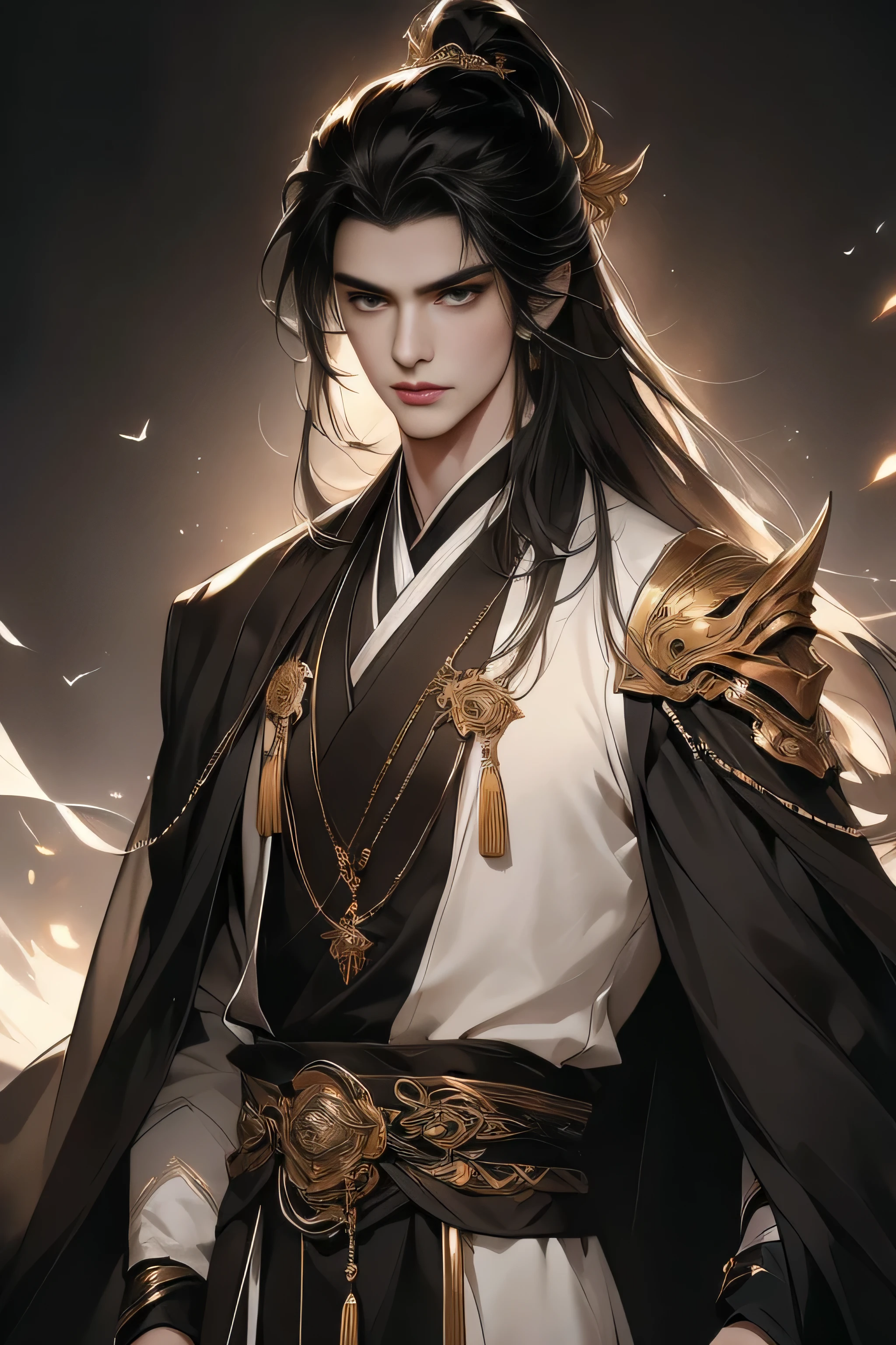 Chinese men，Close-up of the upper body，white hair on shoulders，（Vampires）（Whole-body proportions）The proportions are correct，Face details，（glowing light eyes），Handsome face，Long messy black hair，（black color hair）Neck details，gold shell，detailed，black toga，Black and gold robes，clothes details，surrender，longer sleeves，Game quality，Light and shadow tracking，Ray traching，detailed发光，cg render，hair detail，（Black is long hair），，Handsome face，Clothing is complicated，Perfectcomposition，Refinement，high high quality，More detailed，A lot of detail，The background is complex，a sense of atmosphere，solid black background，high high quality，（with a pure white background）