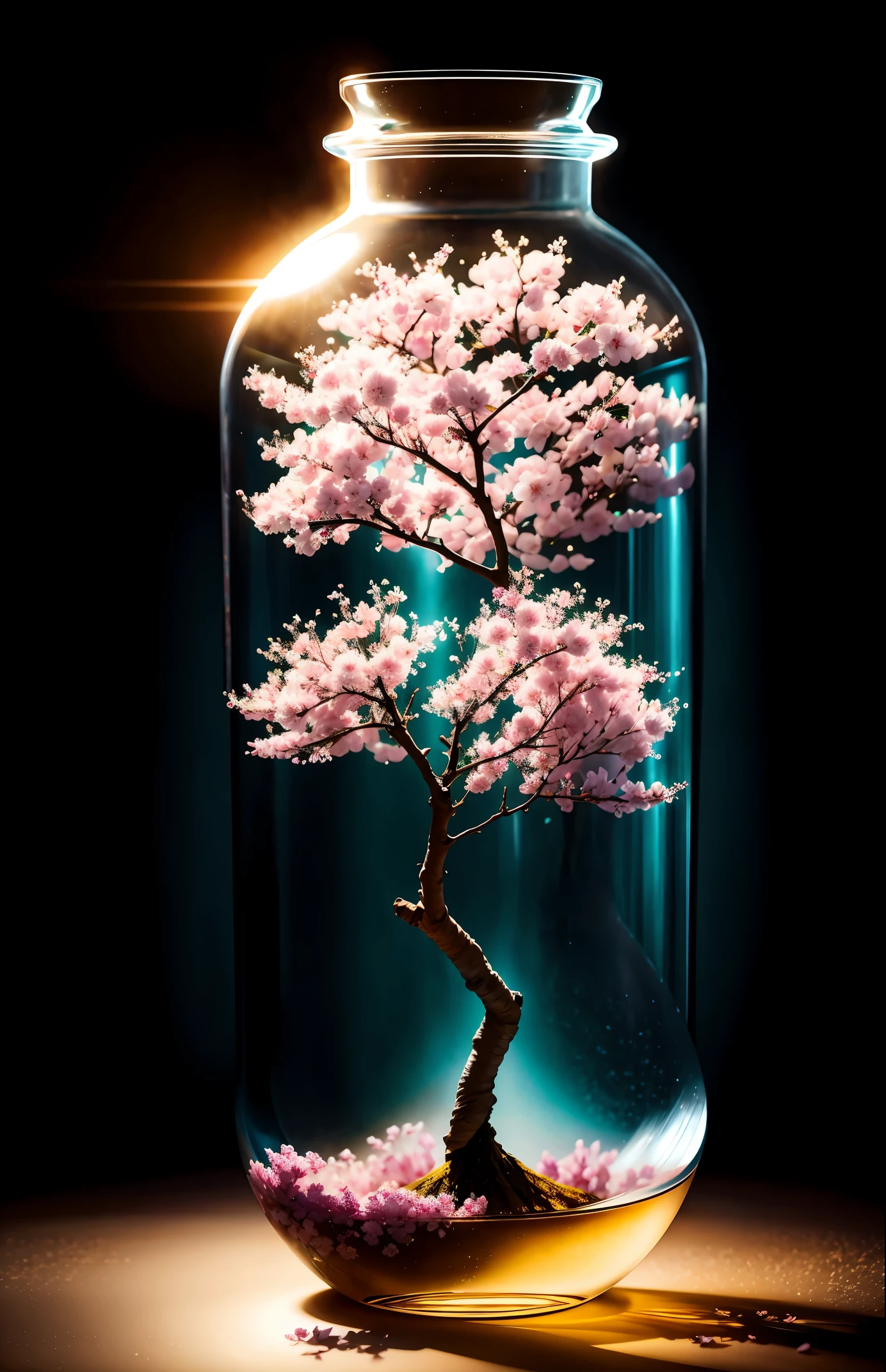 sakura tree in a bottle, fluffy, realistic, atmospheric light refraction, by lee jeffries nikon d850 film stock photograph 4 kodak portra 400 camera f1.6 lens rich colors hyper realistic lifelike texture dramatic lighting unreal engine trending on artstation cinestill 800, Style-Glass