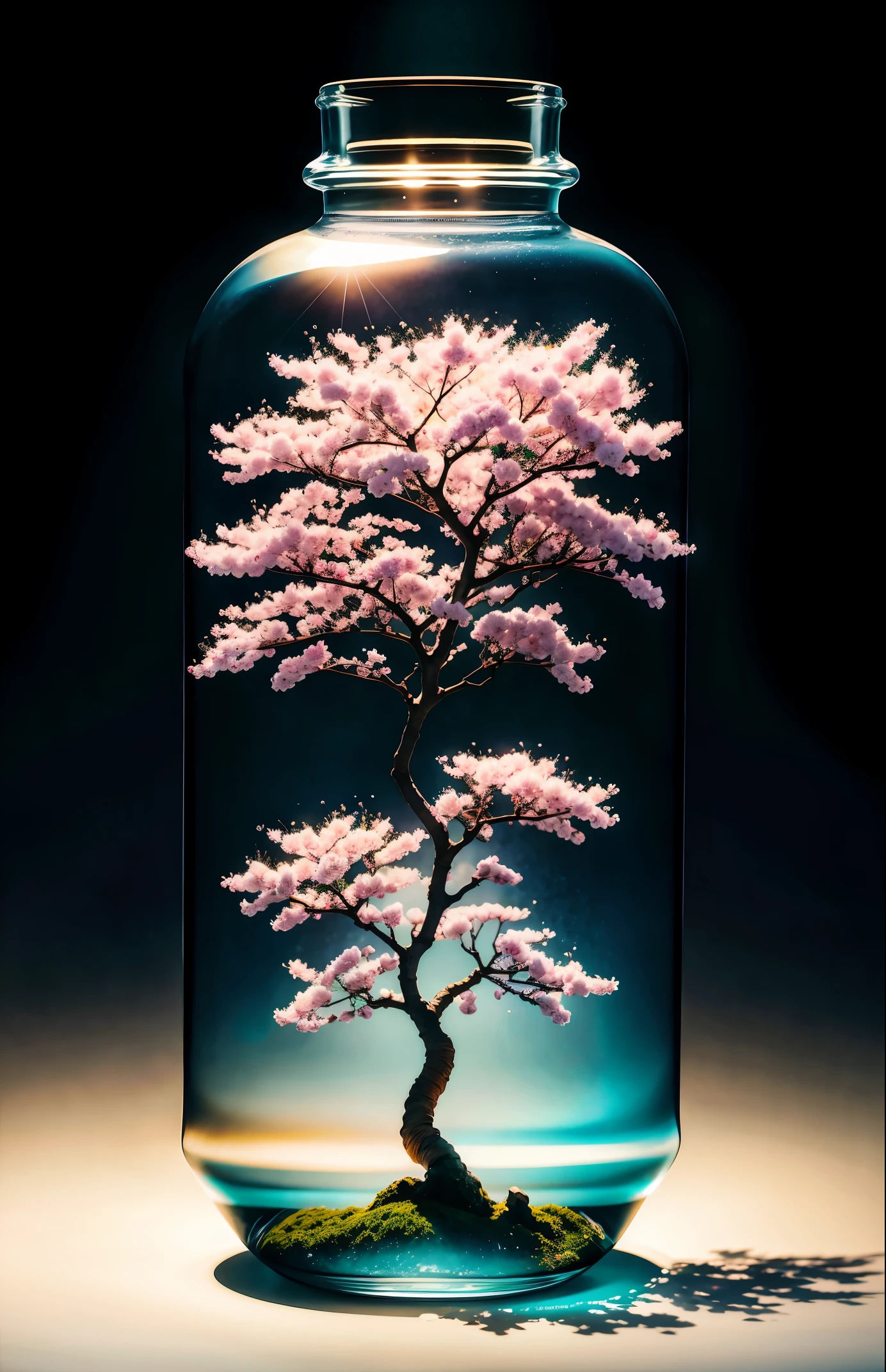 sakura tree in a bottle, fluffy, realistic, atmospheric light refraction, by lee jeffries nikon d850 film stock photograph 4 kodak portra 400 camera f1.6 lens rich colors hyper realistic lifelike texture dramatic lighting unreal engine trending on artstation cinestill 800, Style-Glass