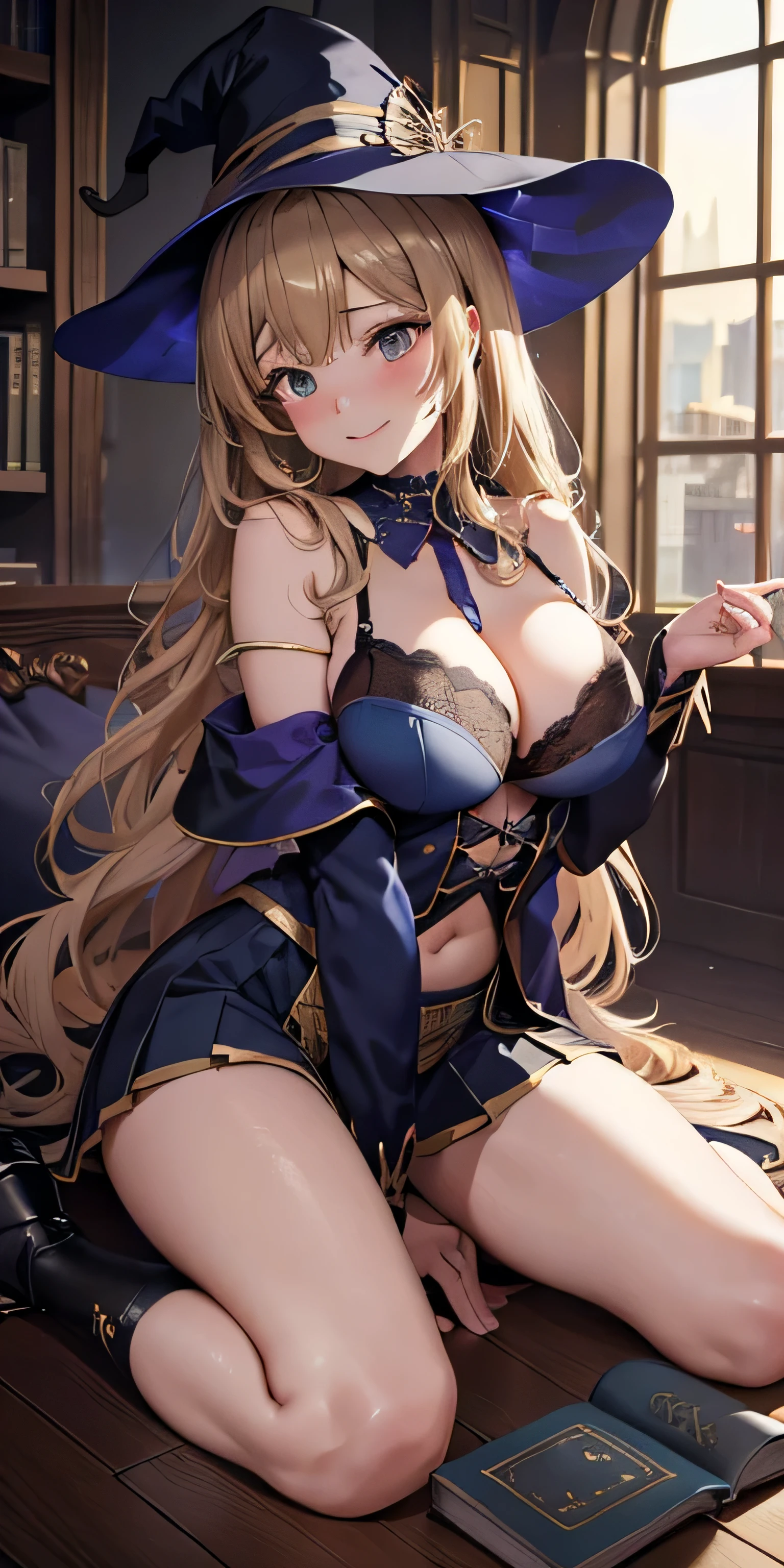 masutepiece, Best Quality, the Extremely Detailed CG Unity 8K Wallpapers, Sexy Witch , Long dark blonde wavy hair、off-shoulder knit, darkblue pleated skirt, Medium milk, hanging breasted, cleavage, Blushing, Shy laughter, Bare shoulders, (Leaning forward),、Black High Heels、Luxurious magic wand and book、Castle Church、sexy pose、sitting down on the floor、Transverse breasts、lace dark blue bra