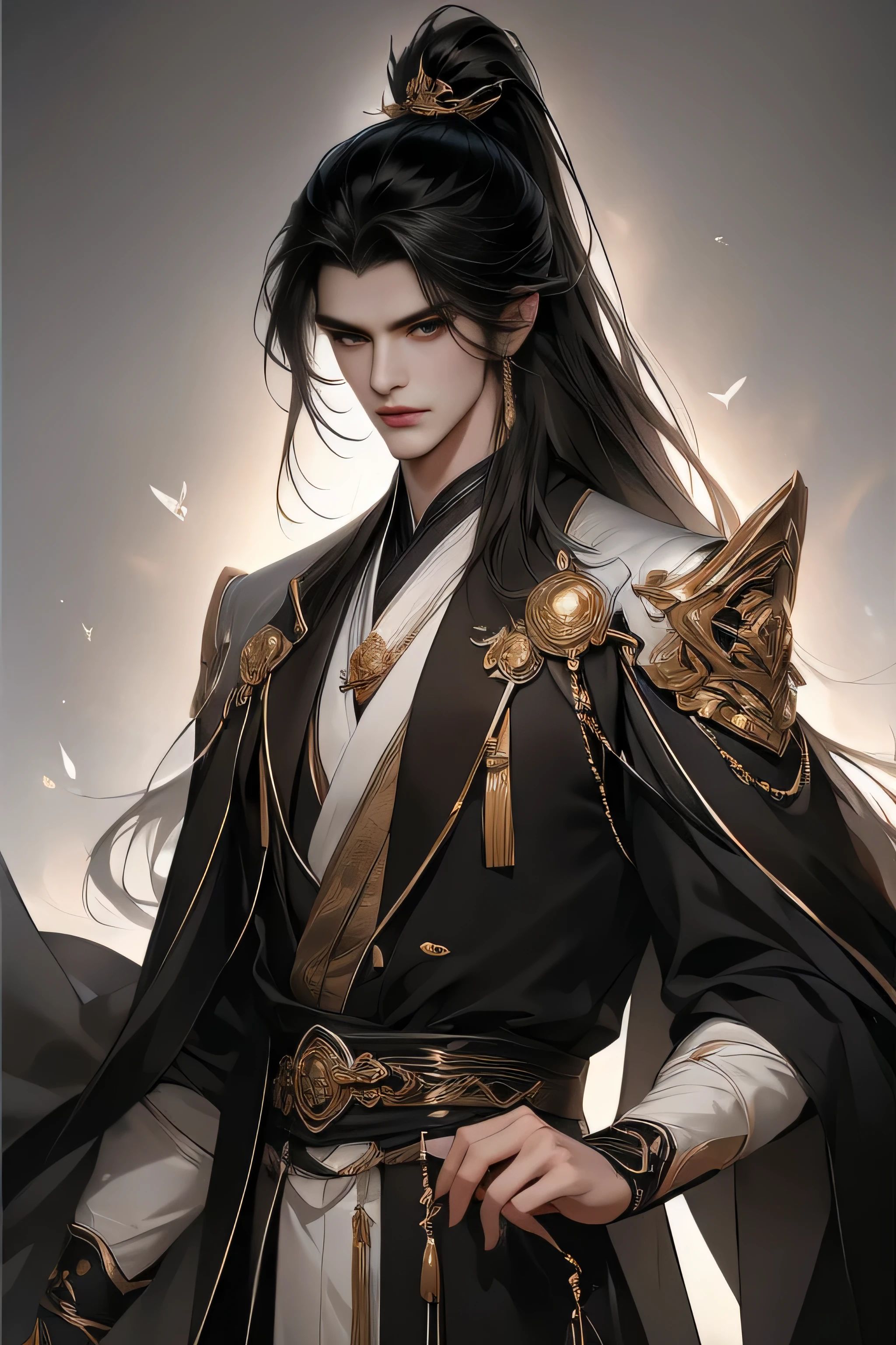 Chinese men,Close-up of the upper body,white hair on shoulders,(Vampires)(Whole-body proportions)The proportions are correct,Face details,(glowing light eyes),Handsome face,Long messy black hair,(black color hair)Neck details,gold shell,detailed,black toga,Black and gold robes,clothes details,surrender,longer sleeves,Game quality,Light and shadow tracking,Ray traching,detailed发光,cg render,hair detail,(Black is long hair),,Handsome face,Clothing is complicated,Perfectcomposition,Refinement,high high quality,More detailed,A lot of detail,The background is complex,a sense of atmosphere,solid black background,high high quality,(with a pure white background)