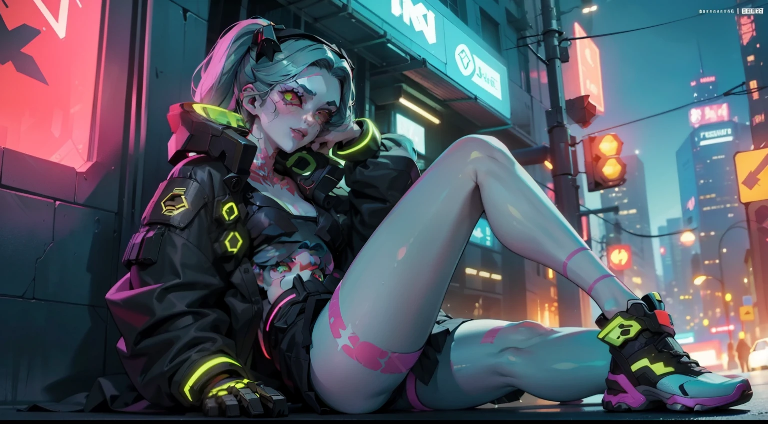 alta resolução, obra-prima, melhor qualidade, 1girl, rebecca \(cyberpunk\), militar, tattoo, sitting, roupa futurista, skirt, estilo cyberpunk neon, ao fundo cidade cyberpunk a noite, pele finamente detalhada, seios enormes, pernas muito musculosas