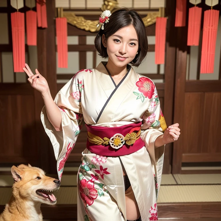 (high-level image quality、hightquality、High resolution real image、detaileds、​masterpiece、Professional Photography）、(There is a cute girl)、Smile at the camera、（A pure Japanese hairstyle with a beautiful hairpin）、（Light brown hair）、(being thin:1.3)、(Small:1.3)、(Kimono-style lingerie with large decorations:1.2)、She wears a collar, bangles, and a kimono-style garter belt.、（He holds a large golden dragon in both hands.）、The pose is so cute and nice、(In front of the open gate of a large old house, there are traditional Japanese New Year decorations such as Kadomatsu and Shimenawa.:1.2)
