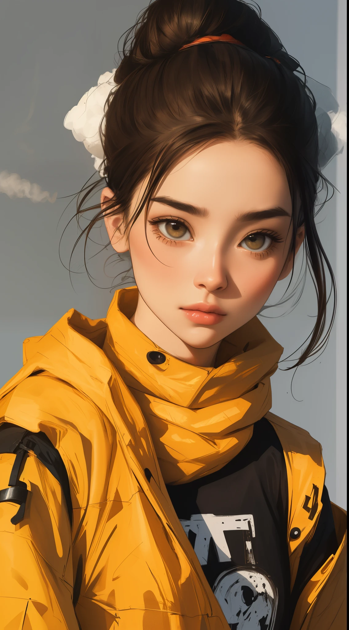 Diniti, (Smoke effect around the head, vapor effect) tatuag, Serving, nighttime scene, Beutiful women, Ultra HD portraits, (high high quality) (hyper-detailing) Looking at the audience dressed in hip-hop style streetwear; distinct, Colorful, long trousers 🌈