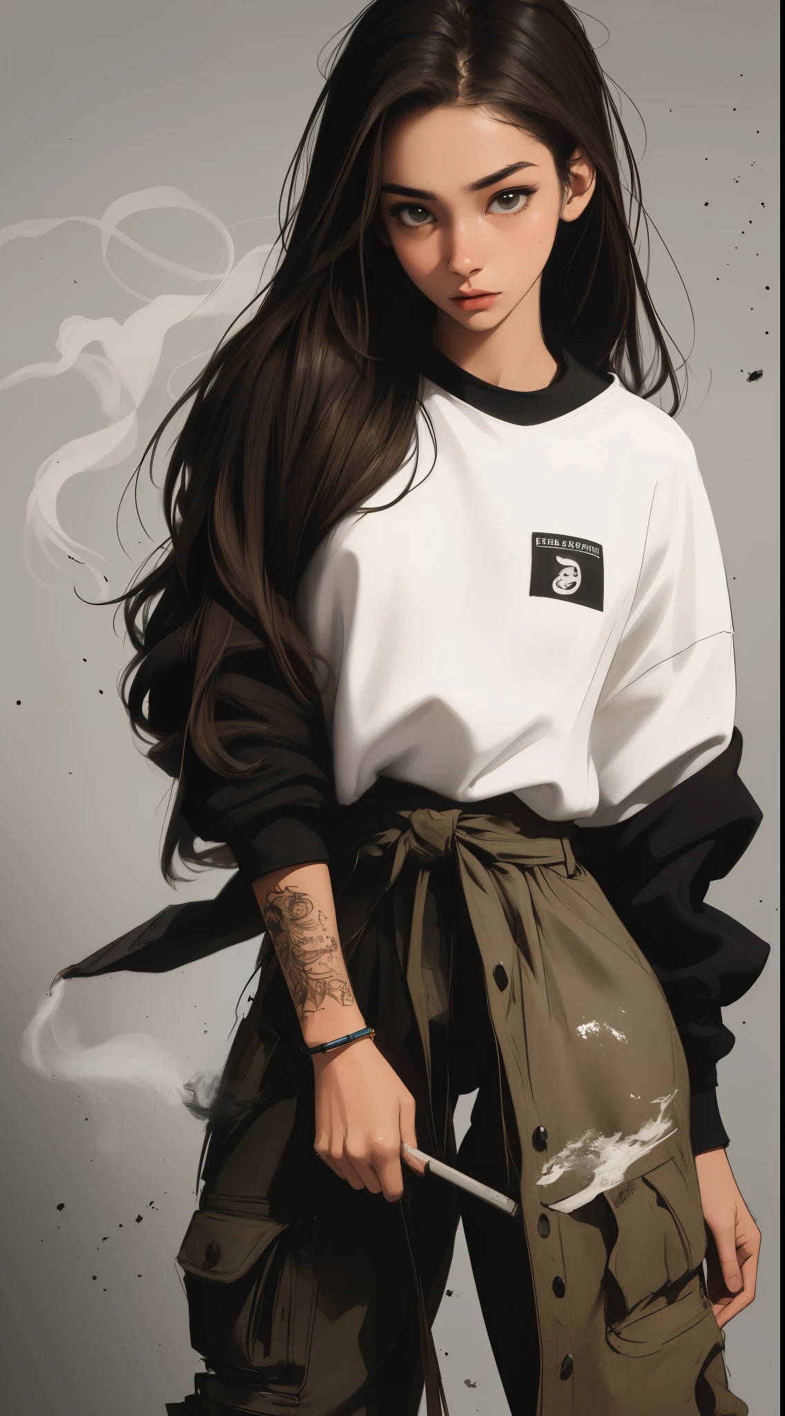 Diniti, (Smoke effect around the head,  vapor effect) tatuag, Serving, nighttime scene, Beutiful women, Ultra HD portraits, (high high quality) (hyper-detailing) Looking at the audience dressed in hip-hop style streetwear; distinct, Colorful, long trousers 🌈