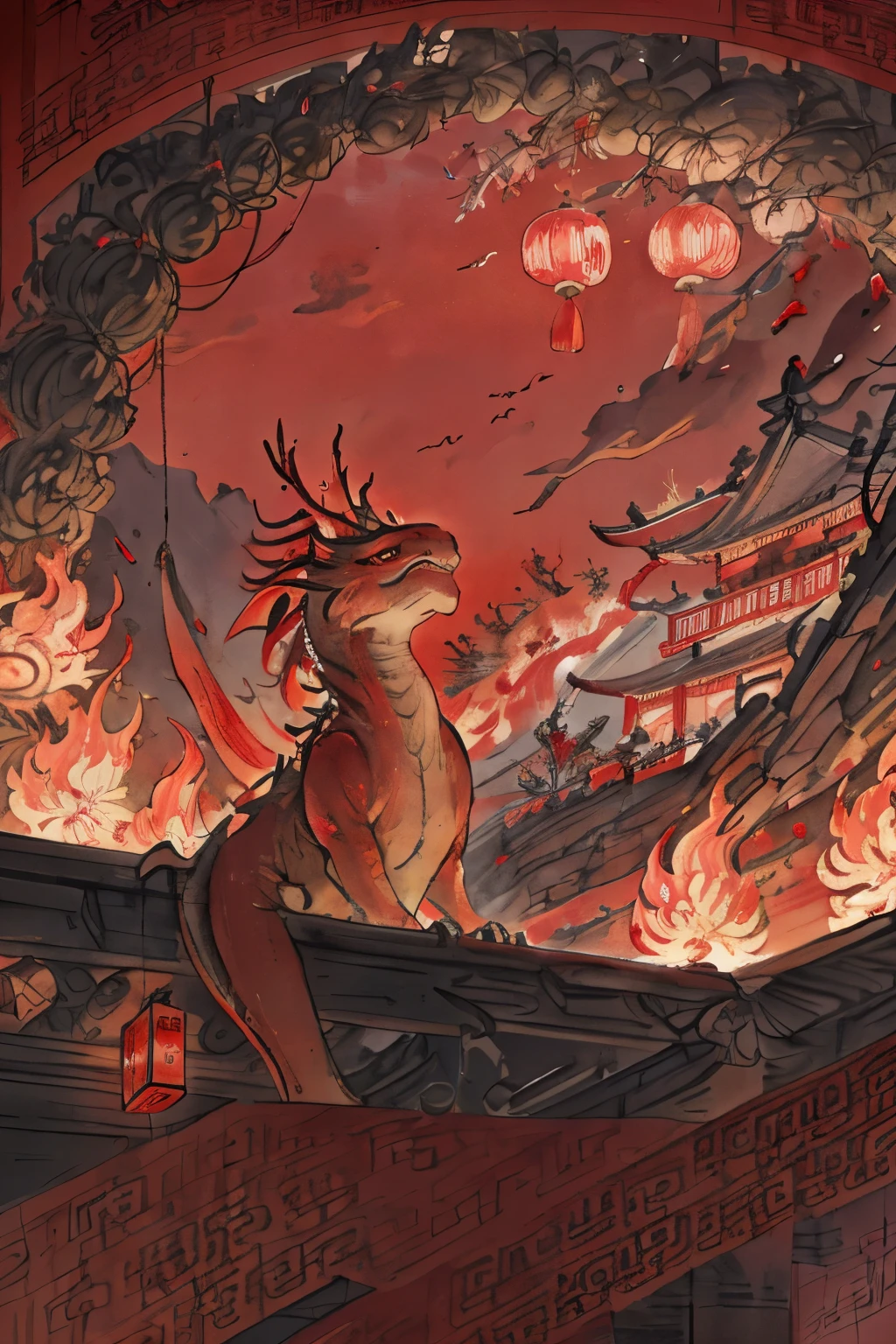 1 city, chinese style, Light red tones, in a panoramic view, A detailed, fire works, New Year’s Day, New Year's Dragon, propaganda