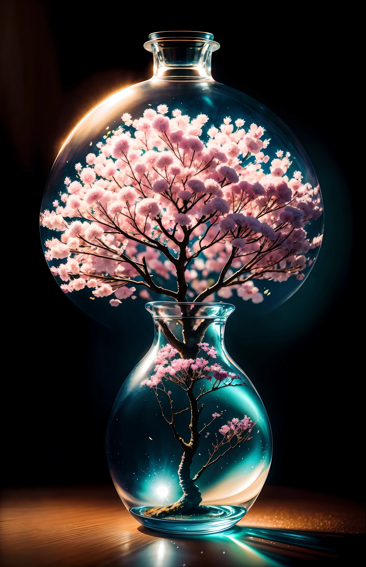 sakura tree in a bottle, fluffy, realistic, atmospheric light refraction, by lee jeffries nikon d850 film stock photograph 4 kodak portra 400 camera f1.6 lens rich colors hyper realistic lifelike texture dramatic lighting unreal engine trending on artstation cinestill 800, Style-Glass