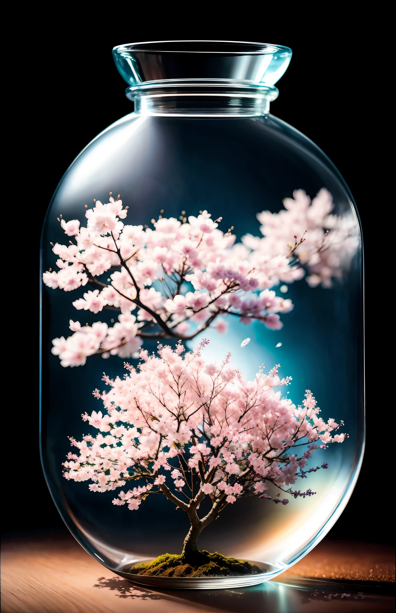 sakura tree in a bottle, fluffy, realistic, atmospheric light refraction, by lee jeffries nikon d850 film stock photograph 4 kodak portra 400 camera f1.6 lens rich colors hyper realistic lifelike texture dramatic lighting unreal engine trending on artstation cinestill 800, Style-Glass