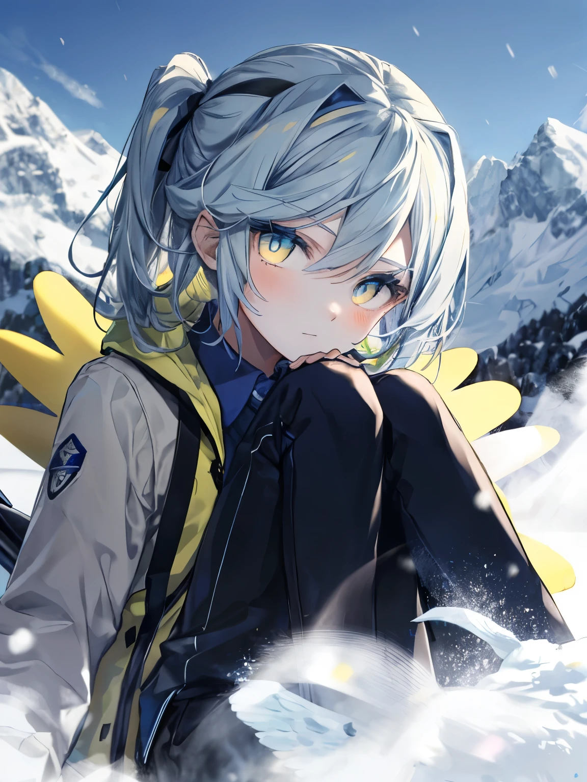 Best Quality、masutepiece、Ultra-detailed、face perfect、Extremely detailed、Extremely delicate、1 boy, (cute little), Angel, lightblue hair、half up、place々Blue Mesh、blue and yellow gradient eyes、Noble attire、Black coat、Gray collared shirt、Black pants、snow mountains、snow blowing