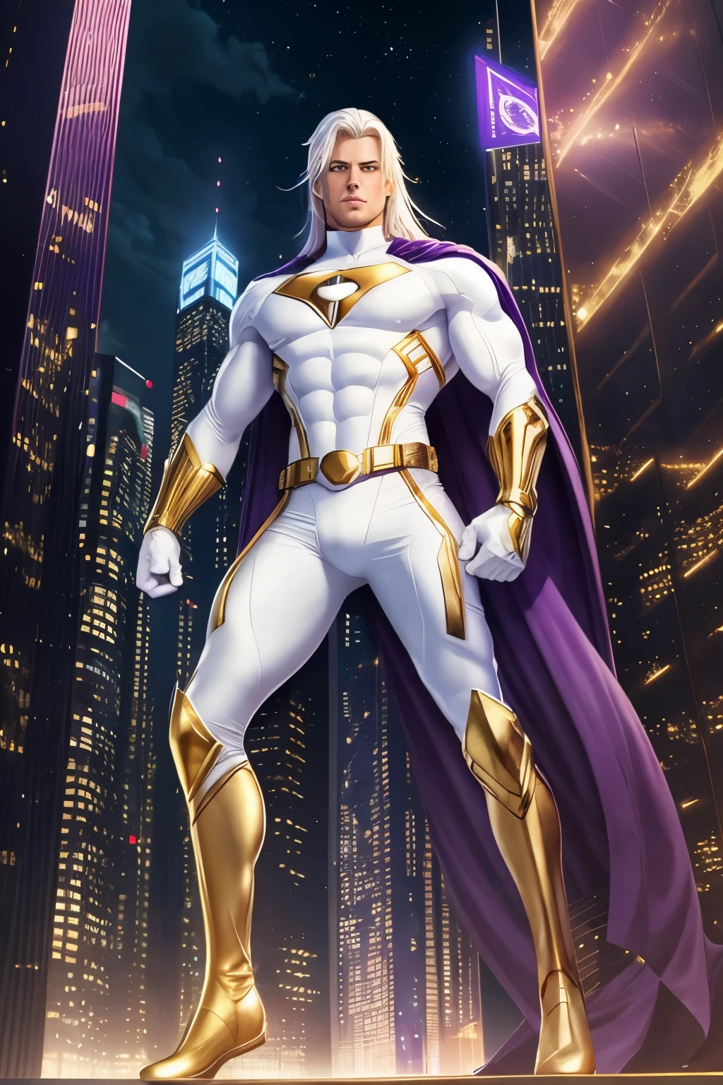 4k art. Handsome male, superhero, flying, neck length hair, white hair. Purple eyes. White body suit, golden bracers, golden belt, white gloves, golden boots. City scape background.