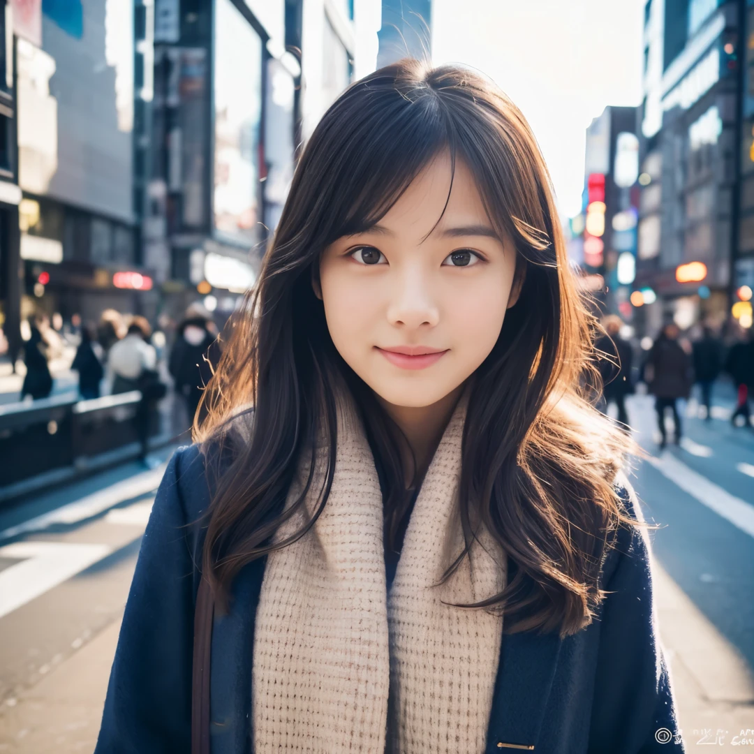 Photorealsitic, 8k full-length portraits, Beautuful Women, A charming expression, Clear department,  sixteen years old, TOKYOcty, Winters, Shibuya in the background