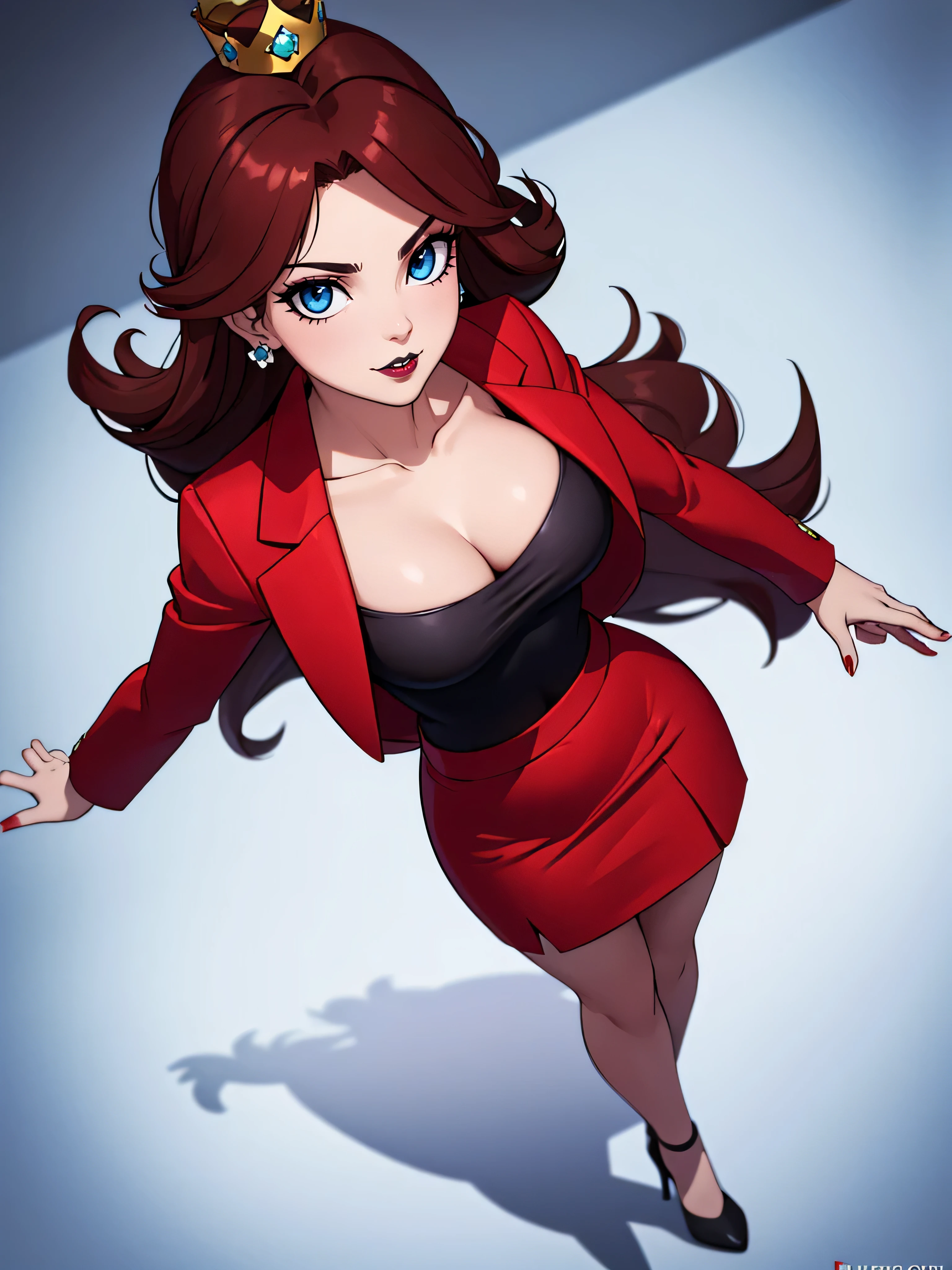 ((high detailed, best quality, 4k, masterpiece, hd:1.3)), laying on elegant office desk, Princess Daisy, neon blue eyes, BREAK blue eyes, seductive, attractive, sexy smile, smiling, smooth anime cg art, 36C breasts, long legs, vivid colors, detailed digital art, slim body, perfect skin, dark red hair, long hair, dark hair, red hair, BREAK crown, cleavage, 36C cleavage, looking at viewer, BREAK looking at viewer, extremely detailed face, red necktie, tight red skirt, red suit, red jacket, black shirt, red pencil skirt, mini red skirt, full body, (red high heels), earrings, gem, dark black makeup lips, dark gothic eyeshadows, dark eyeshadows, black eyeshadows, black sexy lips, black lips, (dark:1.2), dark lips, very dark lips, (perfect hands, perfect anatomy), black makeup, black medium lips, black thick lips, detailed fingers, five fingers per hand, 5 fingers, (1 girl), detailed lips, detailed black lips, black painted lips, gothic painted lips, BREAK night, (arms outstreched:1.2), (breast focus), (breasts out:1.3), (from above:1.2)