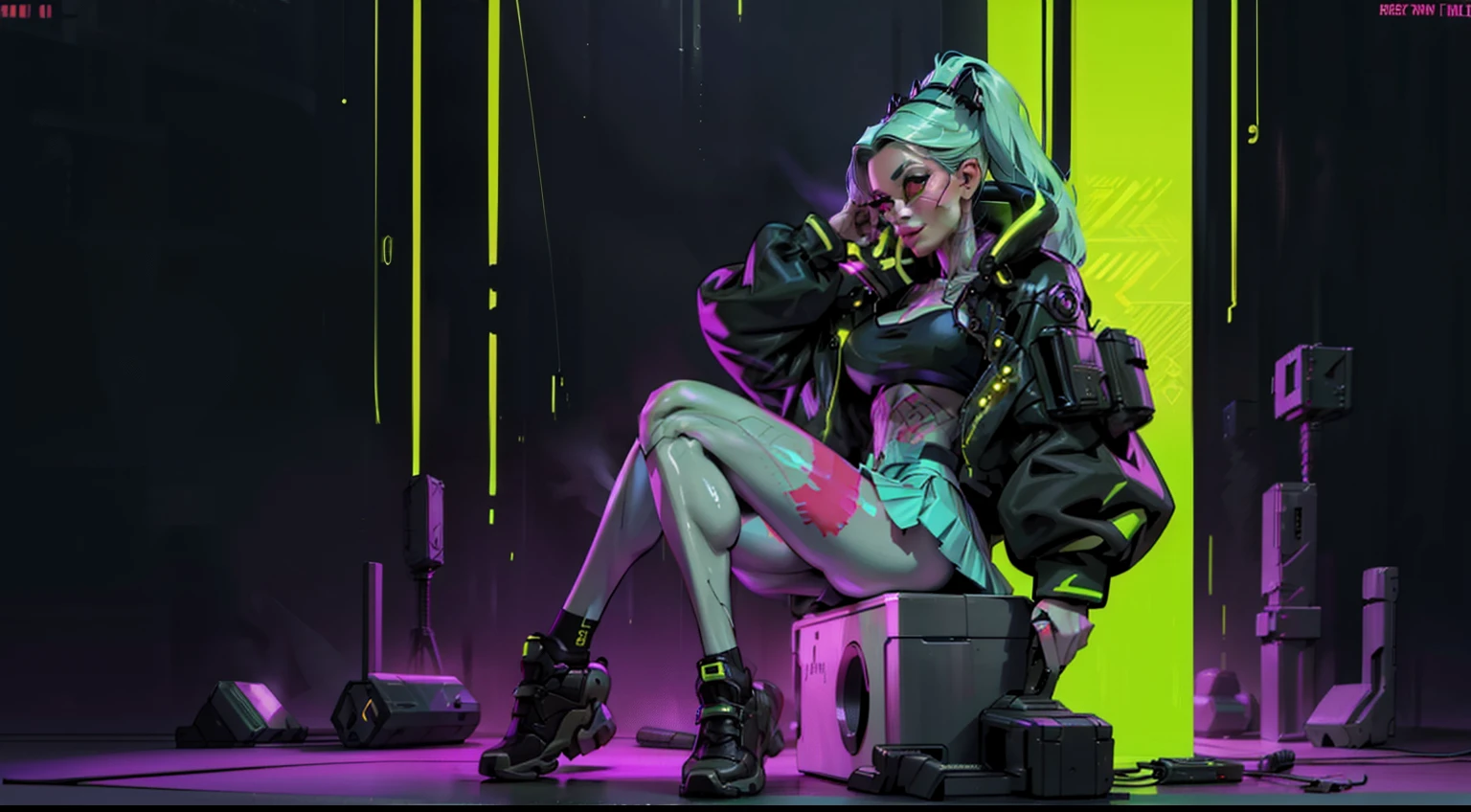 alta resolução, obra-prima, melhor qualidade, 1girl, rebecca \(cyberpunk\), militar, tattoo, sitting, roupa futurista, skirt, estilo cyberpunk neon, ao fundo cidade cyberpunk a noite, pele finamente detalhada, seios enormes, pernas muito musculosas