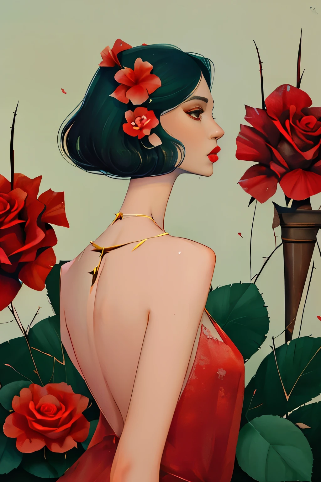 2d, pastel color, watercolor, low color saturation,
illustration, lineart, 
ankymoore, 1girl, bouquet, black hair, camellia, (closed_eyelower_ornament, hair_flower, hibiscus, lipstick, makeup, profile, red_flower, red_lips, red_rose, rose_petals, rose_print, short_hair, solo, backless dress, thorns, upper_body, vase, necklace,
