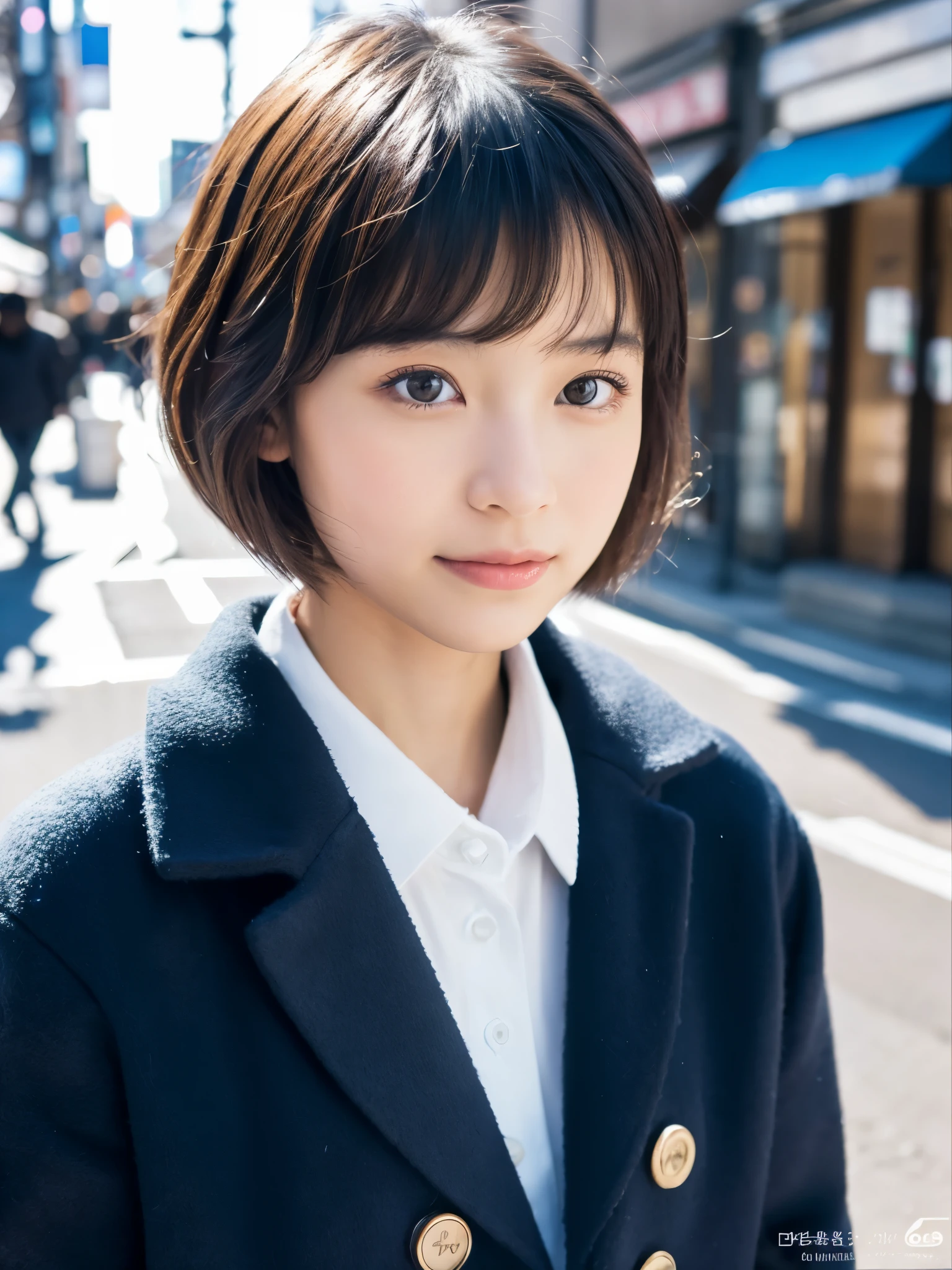 Photorealsitic, 8K, Full body portrait, Beautuful Women, A charming expression, Clear department, Shorthair, sixteen years old, TOKYOcty, Winters, Shibuya in the background