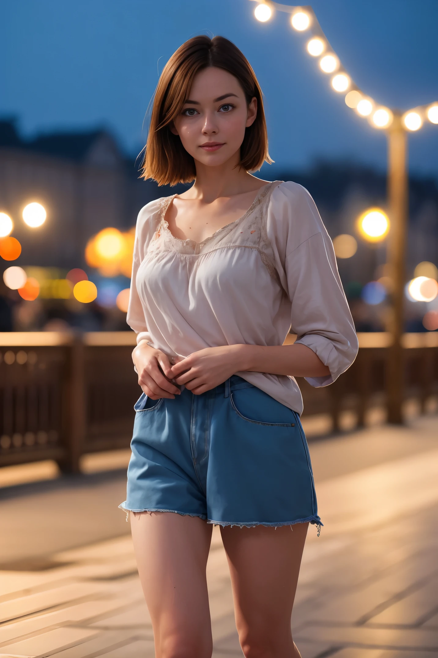 A beautiful introverted European woman wearing frumpy clothing, legs, high detail face, high detail skin, medium  size breasts, 8k, HDR, high resolution, photo-realistic, cinematic lighting, depth of field, bokeh, rim lighting, backlit, cool colours, night