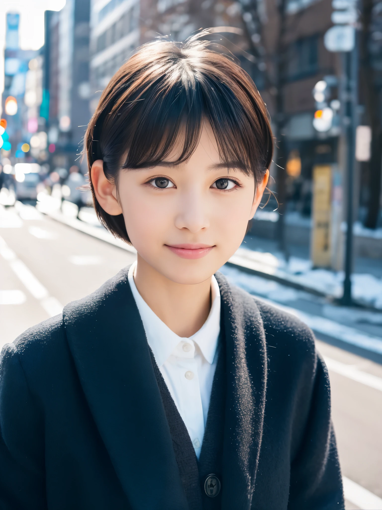 Photorealsitic, 8K, Full body portrait, Beautuful Women, A charming expression, Clear department, Shorthair, sixteen years old, TOKYOcty, Winters, Shibuya in the background
