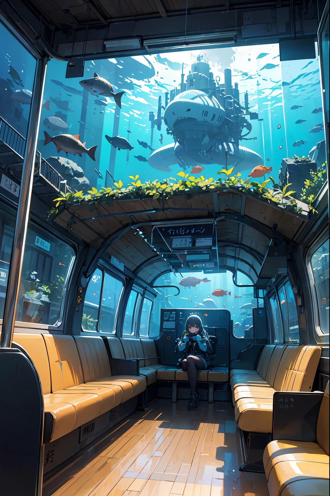 (Masterpiece, highest quality, absolute resolution, hyper-realistic work, realistic materials and textures, incredibly absurd, perfect anatomy), BREAK Topic: Subway Subtitle: Deep Sea, Cute, Undersea Travel BREAK "The inside of a subway car has completely changed, and a cute little girl is sitting alone in a space that looks like it has been transformed into a deep-sea exploration ship. In front of her, a fantastic undersea world passing by outside the window spreads out, creating a mystical atmosphere. You can see the ruins of Atlantis.Giant transparent stingrays glide gracefully, and from time to time ancient pillars and stone monuments appear outside the window.The girl wears a cute diving suit suitable for the deep sea. , holding a small, magically glowing submarine toy in his hand, he enjoys this fantastic journey under the sea as a child.The interior of the vehicle is decorated with multi-colored lights in the shape of molluscs. It's as if the creatures of the deep sea are welcoming us."