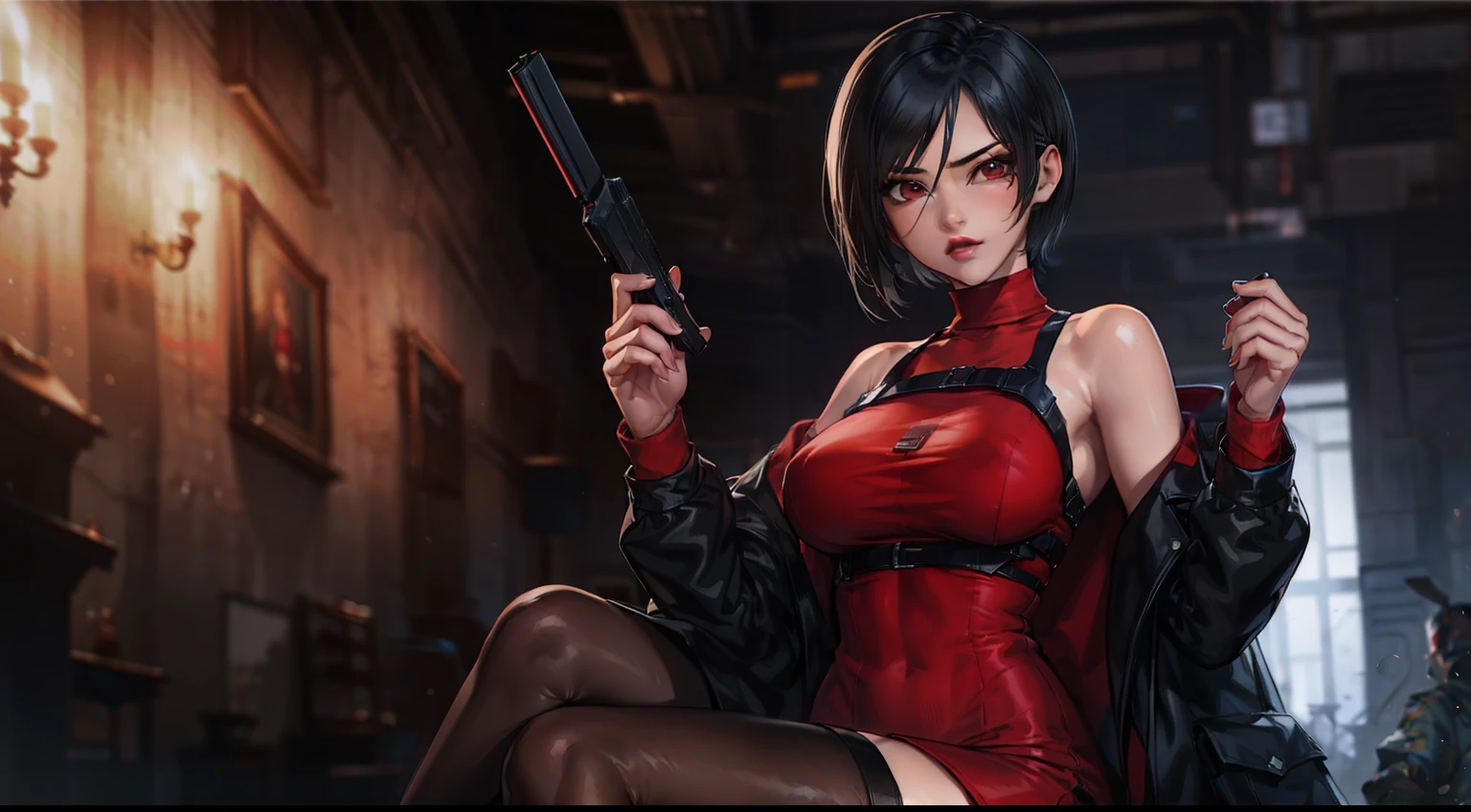 alta resolução, obra-prima, melhor qualidade, 1girl, ada Wong \(resident evil\), militar, sitting, roupa futurista, red dress, estilo cyberpunk neon, ao fundo cidade cyberpunk a noite, pele finamente detalhada, seios enormes, slender legs