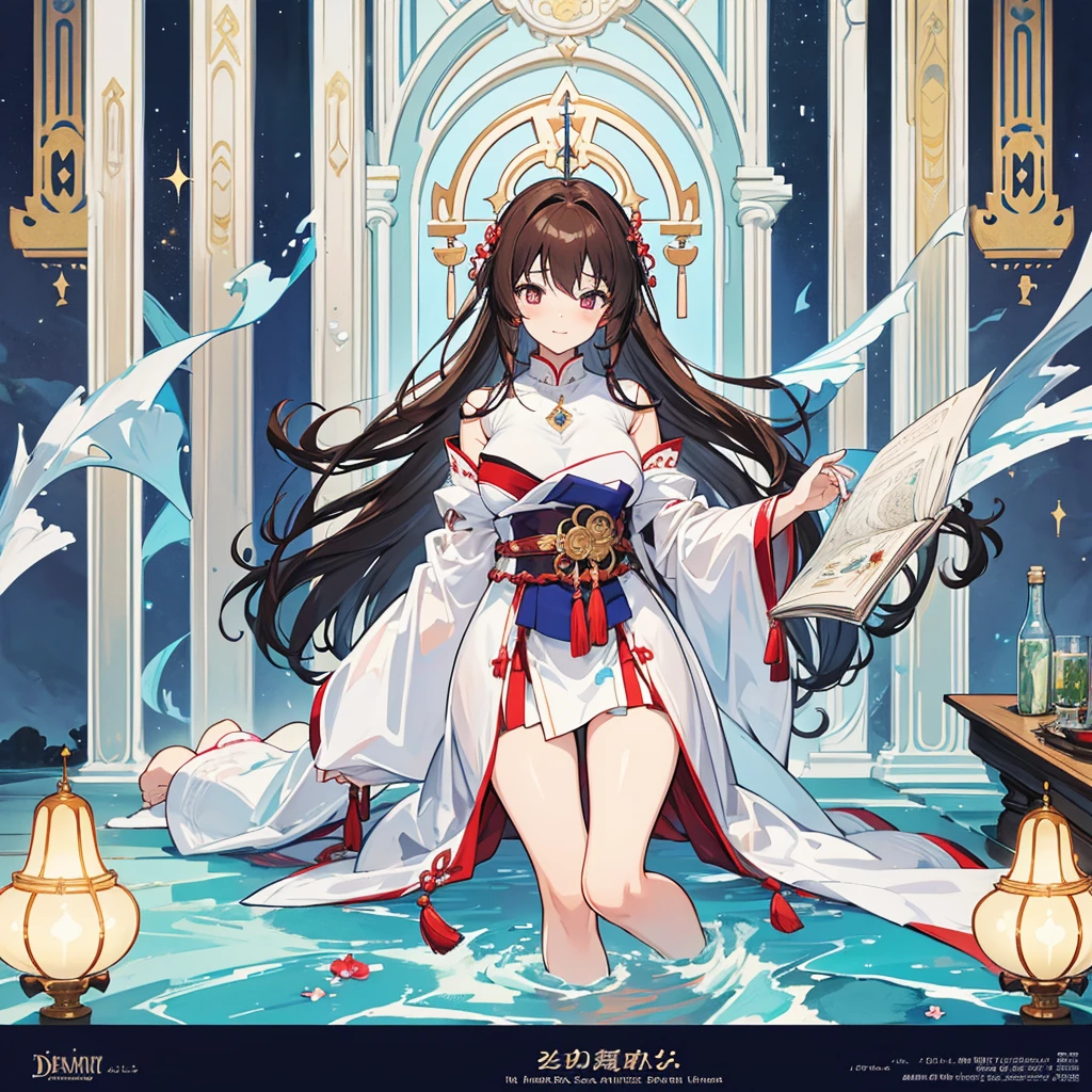 NSFW, hightquality, hight resolution, animesque, holy white, The angle is from above, full body Esbian, excited, Beautiful fece女性僧侶, The dim, (A thin notebook with an erotic girl on the cover, Read doujinshi with excitement), Beautiful fece, excited expressions, free hair, Brown hair, Sacred costume, radiant eyes, Excited mouth with drool, Blue, Glossy, Discreet exposure, Voluptuous, Glamorous, enticing, sacred accessories, Erotic doujinshi, bare-legged, sacred embroidery, soha, inner room of the holy temple, divine atmosphere, Shining performance, temple walls and columns, nature does not exist, Sage Time, Harmony of excitement and holiness, The background is rich and delicate
