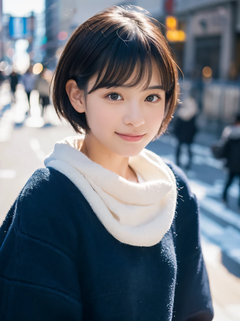 Photorealsitic, 8K, Full body portrait, Beautuful Women, A charming expression, Clear department, Shorthair, sixteen years old, TOKYOcty, Winters, Shibuya in the background