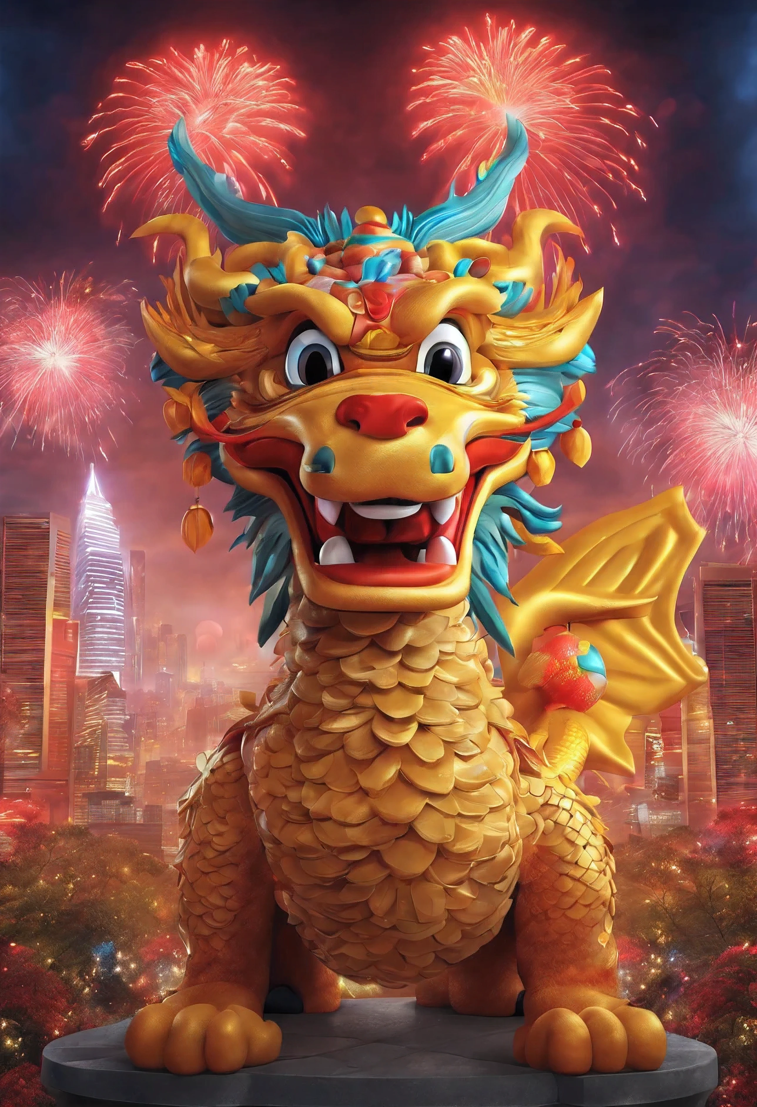 Holiday poster: (2024) new year, com mascot: chinesedragon,Background with: A grand fireworks display lights up the sky,(Best quality at best,4K,A high resolution,tmasterpiece:1.2),ultra - detailed,(actual,photoactual,photo-actual:1.37)