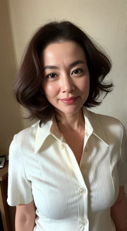 ((top-quality、8K、​masterpiece:1.photoreal stick, foco nítido, high-level image quality, hight resolution, Portrait, Solo, japanes, Middle-aged woman, Beautie, Underwear with visible cleavage, 47 years old, Plump, Wavy Hair, The shirt, Wrinkles at the corners of the eyes, hotels room、Sexy figure,