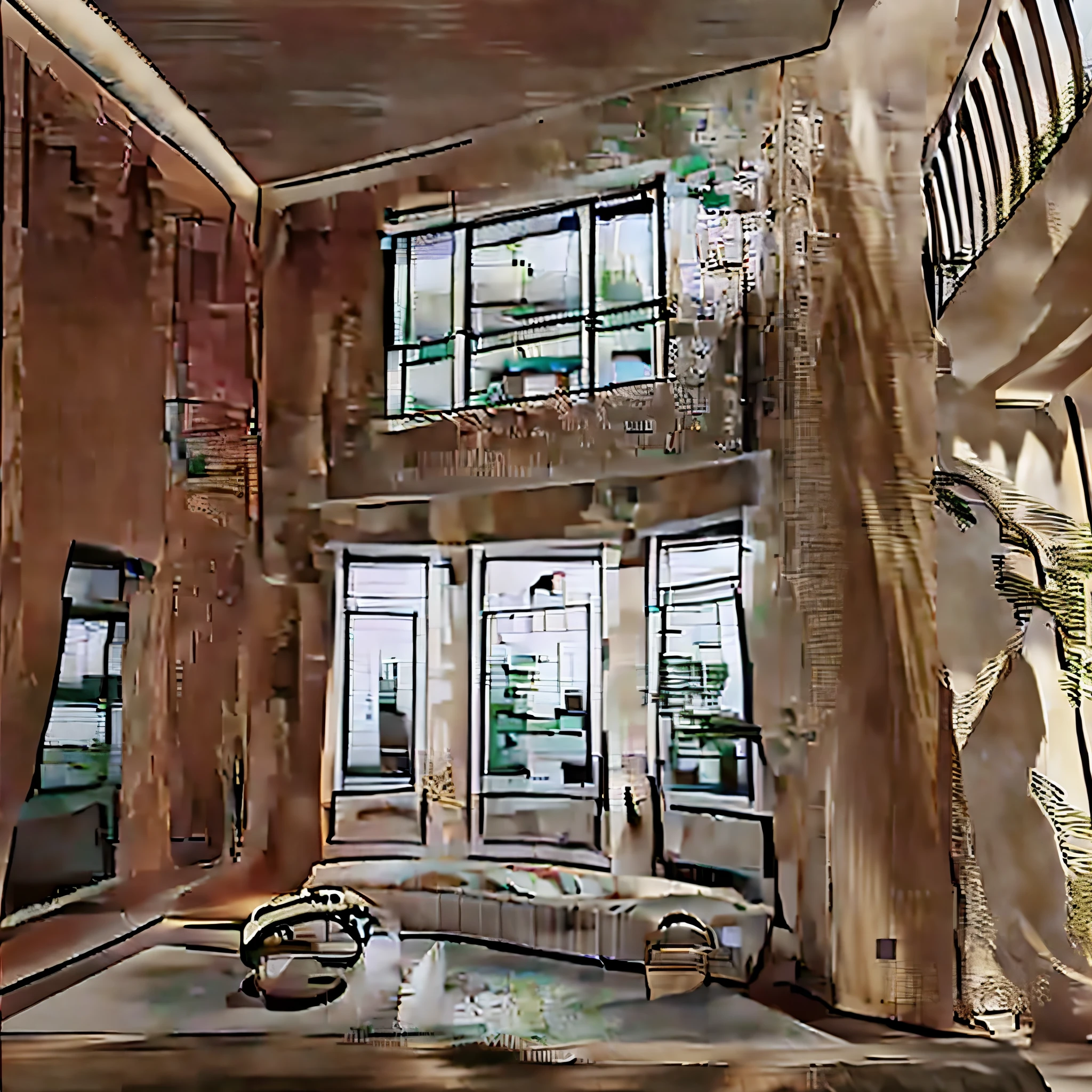 一个房间There are a lot of windows和一个阳台, many big windows, big windows, ceiling to floor windows, large open windows, big window, Warm wallpaper as background, very high ceiling, There are a lot of windows, floor to ceiling window, big window，big glass window, floor to ceiling window, Tall windows, tall ceilings，Modern minimalist style，Place a dark gray sofa and gold coffee table combination，Sunlight shining through window from outside