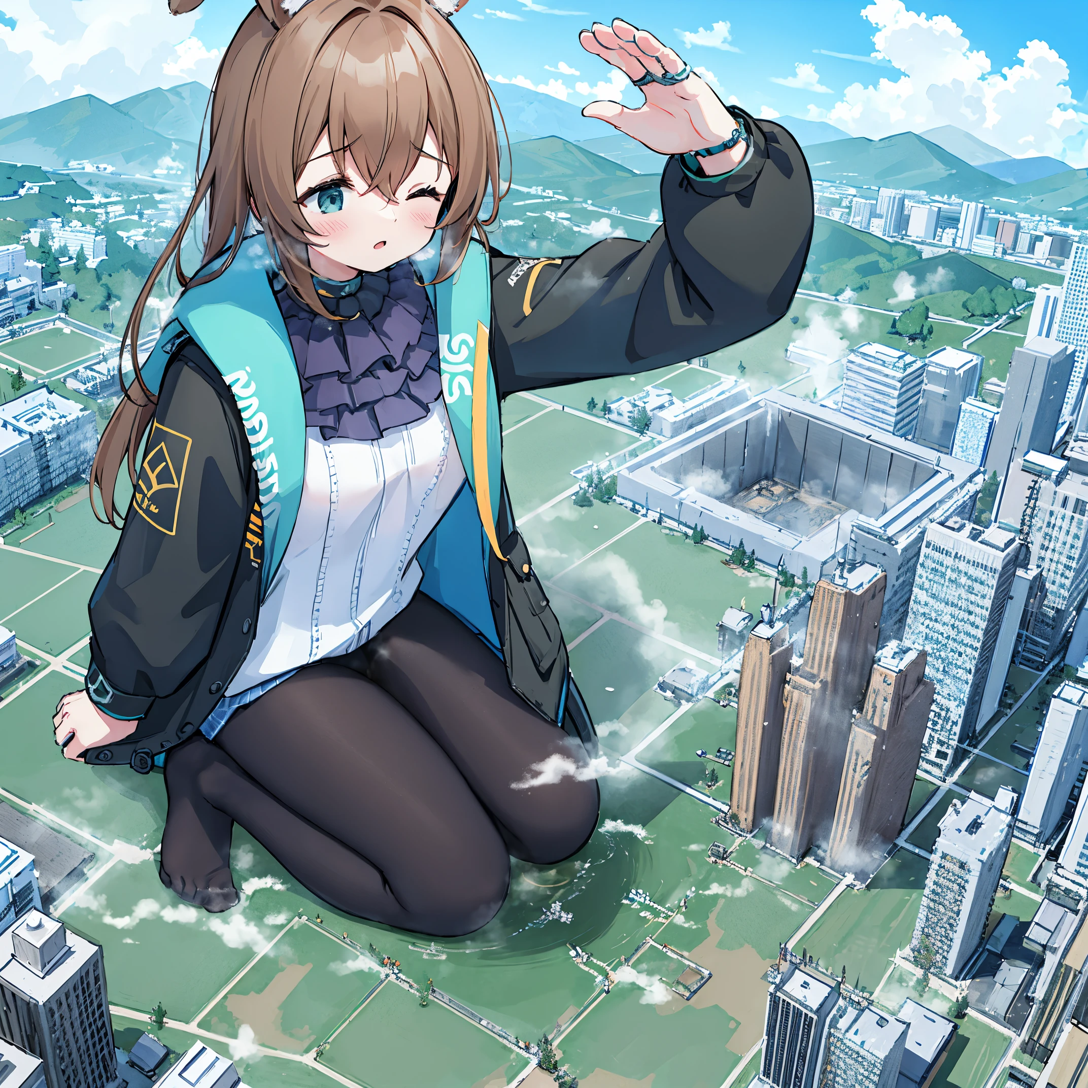 NSFW,{A giantess},{1个Giant Breast Girl},{are standing},{quilt city},clouds, looking over city, mountain ranges, tmasterpiece, Best quality at best, The content is very detailed,tmasterpiece,Best quality at best,offcial art,extremely detaild的 CG unified 8k wallpapers,{{{A giantess}}},Huge girl,1 girl,modern miniature city,,everywhere,No shoes},The stands up,Be red in the face,comfortable expressions,,Urine draws an arc,Pee,Urine eruption,Urine gives off steam,{modern miniature city},The city is full of urine