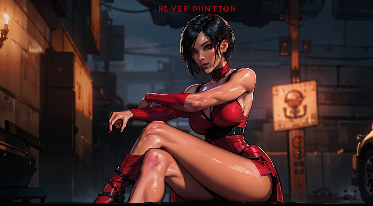 alta resolução, obra-prima, melhor qualidade, 1girl, ada Wong \(resident evil\), militar, sitting, roupa futurista, red dress, estilo cyberpunk neon, ao fundo cidade cyberpunk a noite, pele finamente detalhada, seios enormes, slender legs