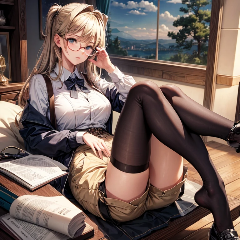 Best quality, Masterpiece, art, Stockings, shorts, glasses