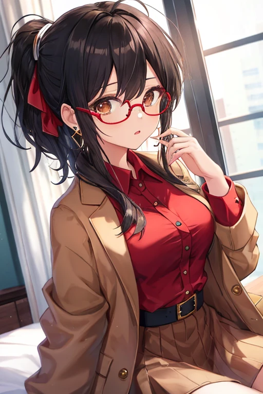 1girl, (low tied long hair), black hair, messy hair, (two ponytails), gold earrings, red glasses, brown eyes, brown dress jacket, red shirt, medium breasts, attractive, beautiful, sexy, shy look