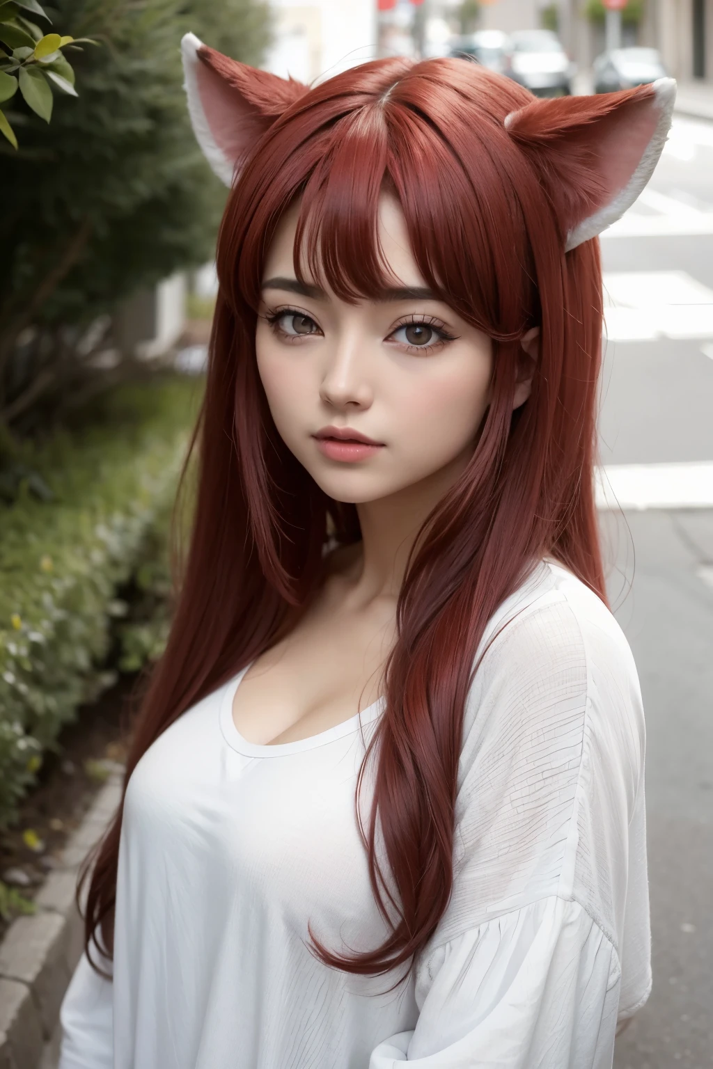 Personaje de anime pelo rojo, ojos rojos, pelo corto, realista, vida real, tierna