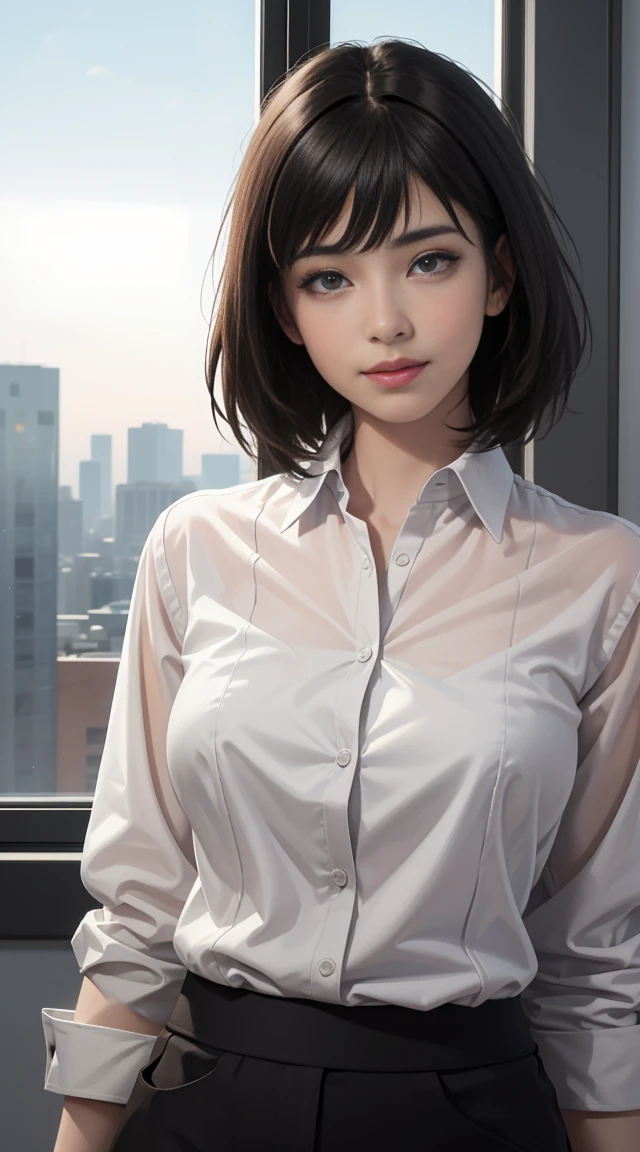 (best quality,realistic:1.4), Original Photo, 1Girl,Cinematic Lightingintense gaze,seductive eyes,short black hair,powerful presence,sharp focus,soft lighting,vivid colors,warm color tones,subtle shadows,impeccable details,realistic skin texture,sexy pose, mediuml breasts,Wear a business see-through shirt,black business skirt,Wearing black stockings,Stand by the office window,smile